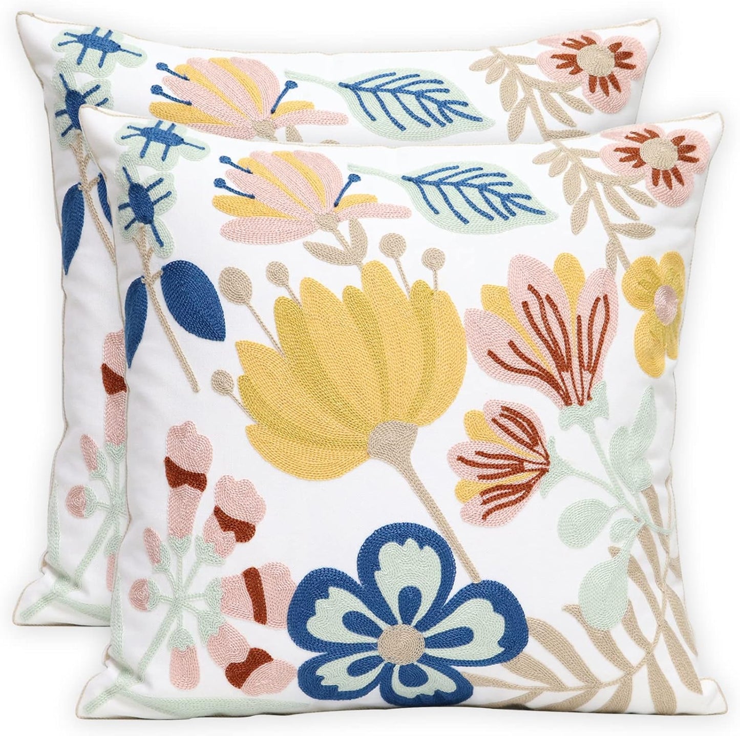 Pack of 2 Embroidered Decorative Throw Pillow Cover 18x18 Inch Farmhouse Floral Pillowcase for Living Room Sofa Bed (Bird Flower-Waist)