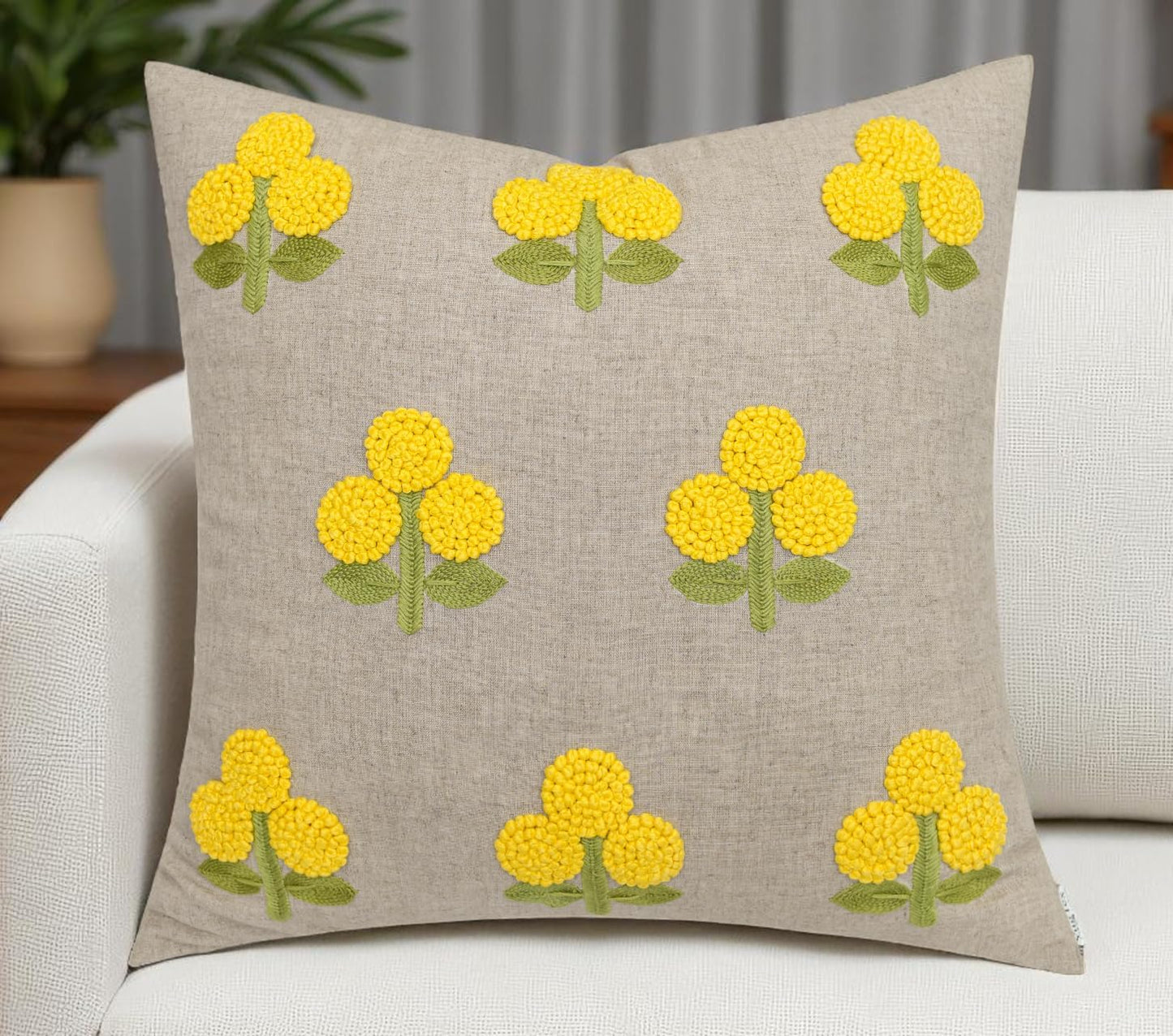 Hand Embroidered Gomet Flower Decorative Square Accent Throw Pillow Cover - Pillowcase for Living Room Sofa, Couch, Bedroom - Chair Cushion Cover - 20x20, Ivory