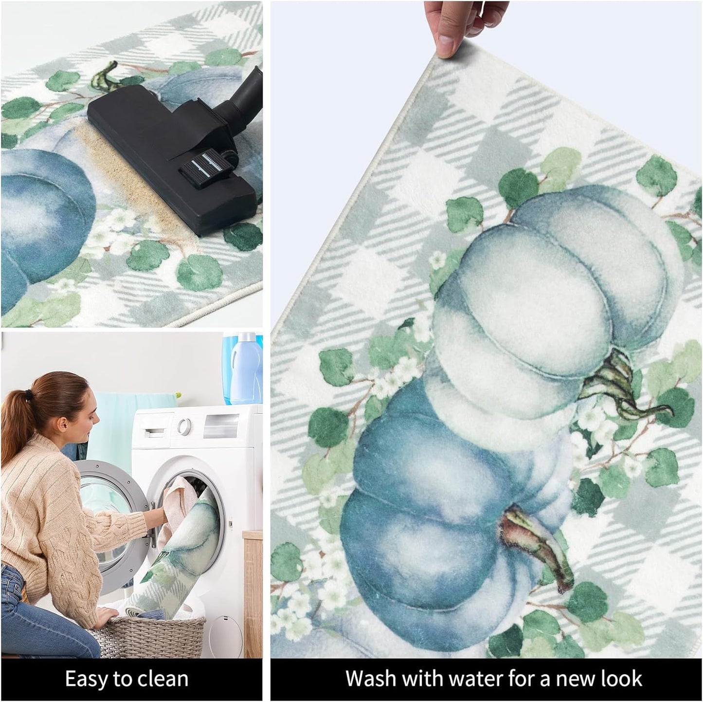 Fall Kitchen Rugs Sets of 3 Non Slip Washable Blue Pumpkin Kitchen Mats for Floor 3 Piece Set Kitchen Rug Sets Runner Carpets Absorbent for Home Party Autumn Decor(20"x32"+20"x48"+20"x59")