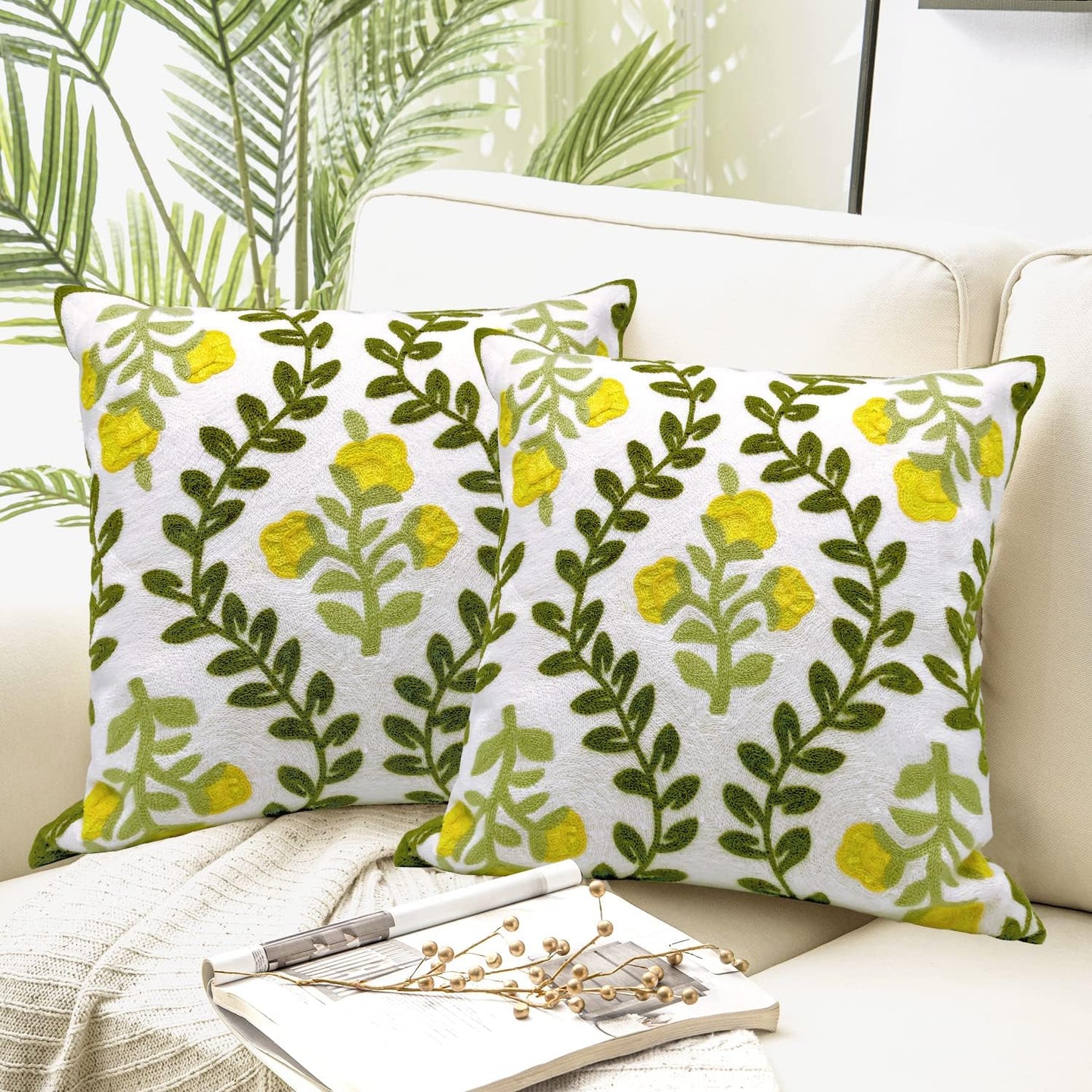 Alysheer Summer Floral Embroidered Decorative Throw Pillow Covers 18"x 18" Set of 2, Farmhouse Navy Blue Flowers Green Leaves Tufted Patterned Cotton Cushion Cases for Couch Bed Living Room Decor