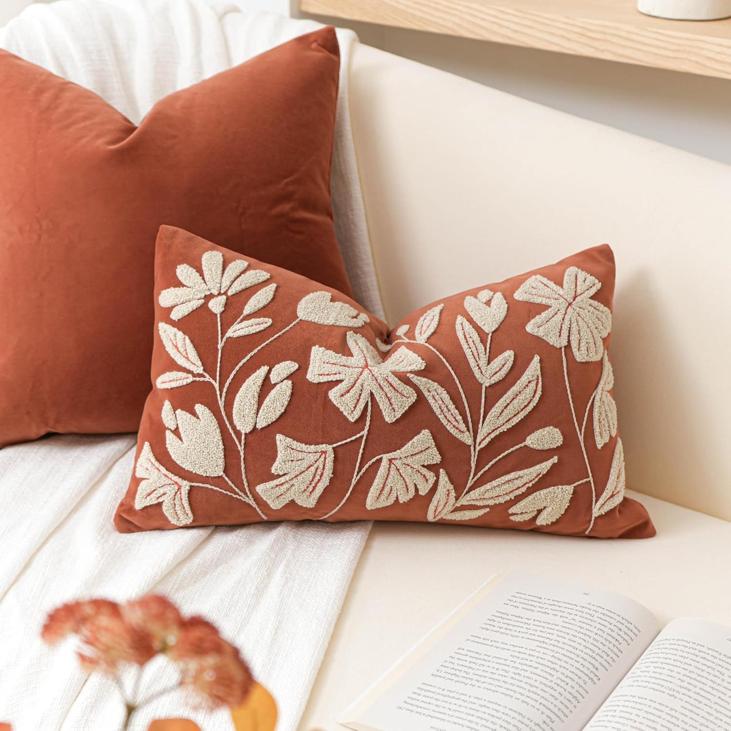 Cream Velvet Floral Decorative Lumbar Throw Pillow Cover 12X20, Flower Tufted Soft Farmhouse Textured Pillowcase, Accent Pillowcase for Couch Sofa Bed Living Room
