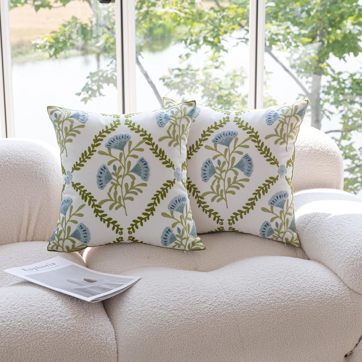 YIcabinet Pillow Covers Set of 2, Embroidered Flower Pattern Throw Pillow Cover,Square Cotton Cushion,Pillow Case for Sofa Bedroom Couch,18"x18"