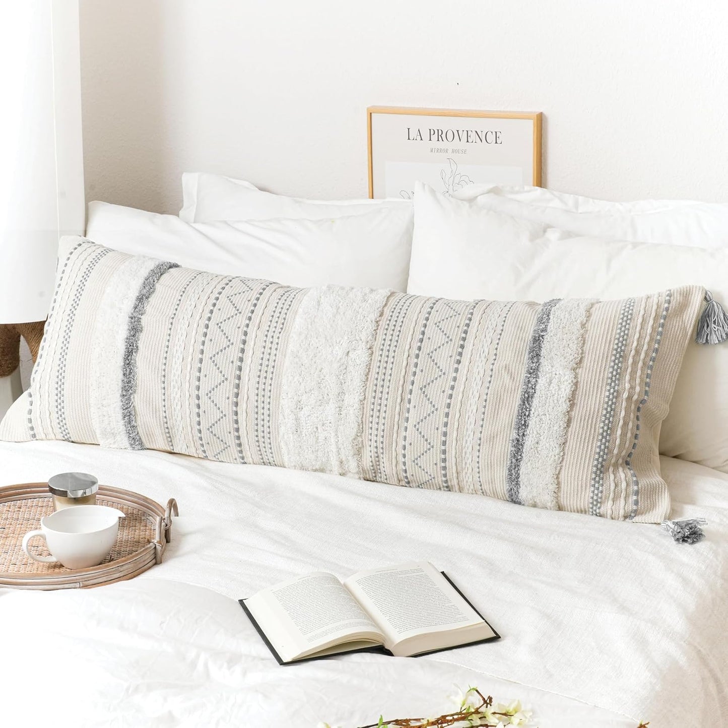 Decorative Throw Pillow Cover 20x20 Square Cream Neutral White Boho Accent Pillowcase Tassels Farmhouse Cushion for Couch Sofa Bedroom Living Room Home Décor (Cover ONLY, Pack of 1)