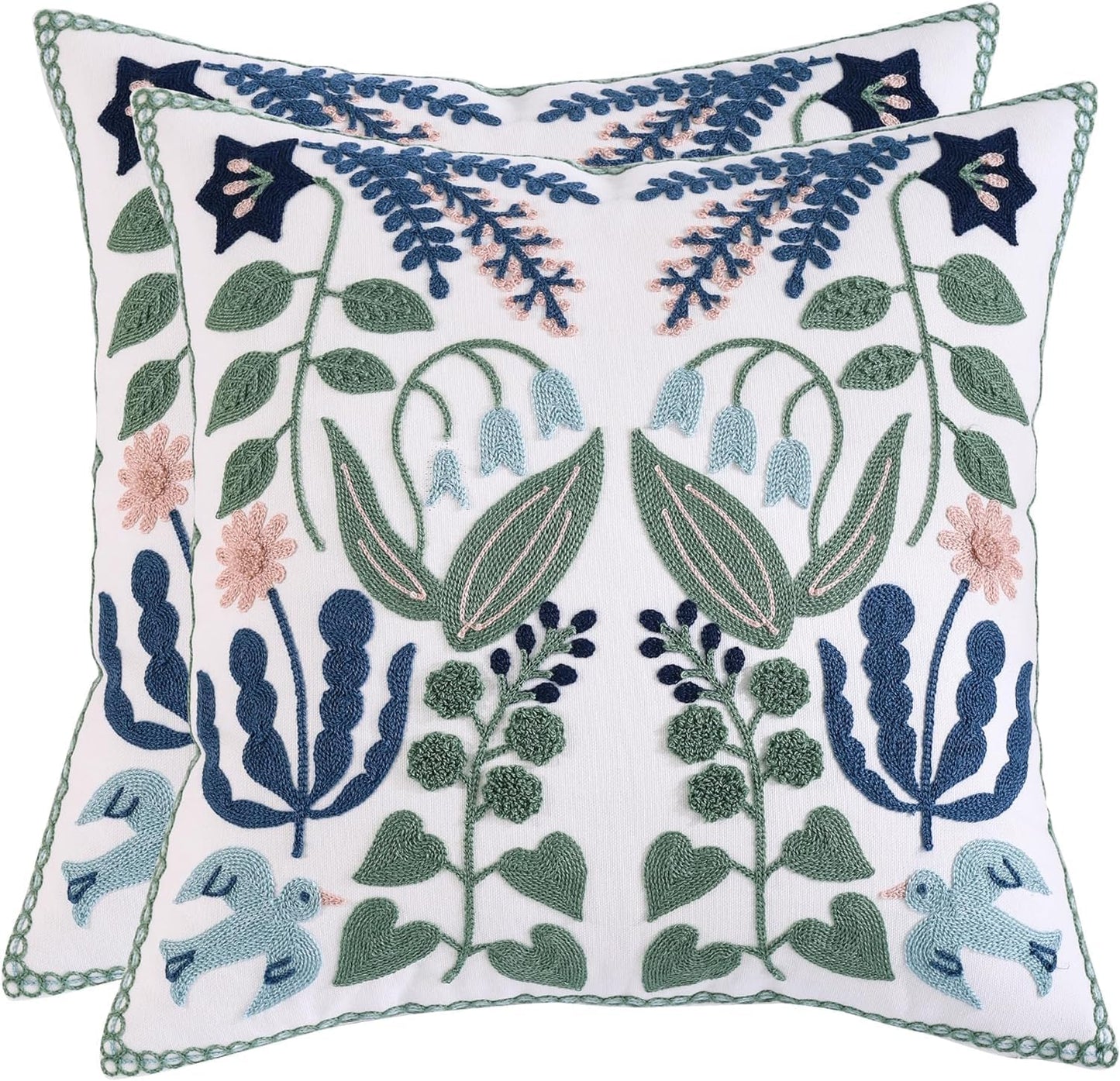 Tosleo Flower Embroidered Throw Pillow Covers 18x18 inch Pack of 2 Green Leaves with Birds Floral Pillowcases Farmhouse Decorative Coastal Pillow Cushion Cases Square Navy Blue Flower Pillow Case