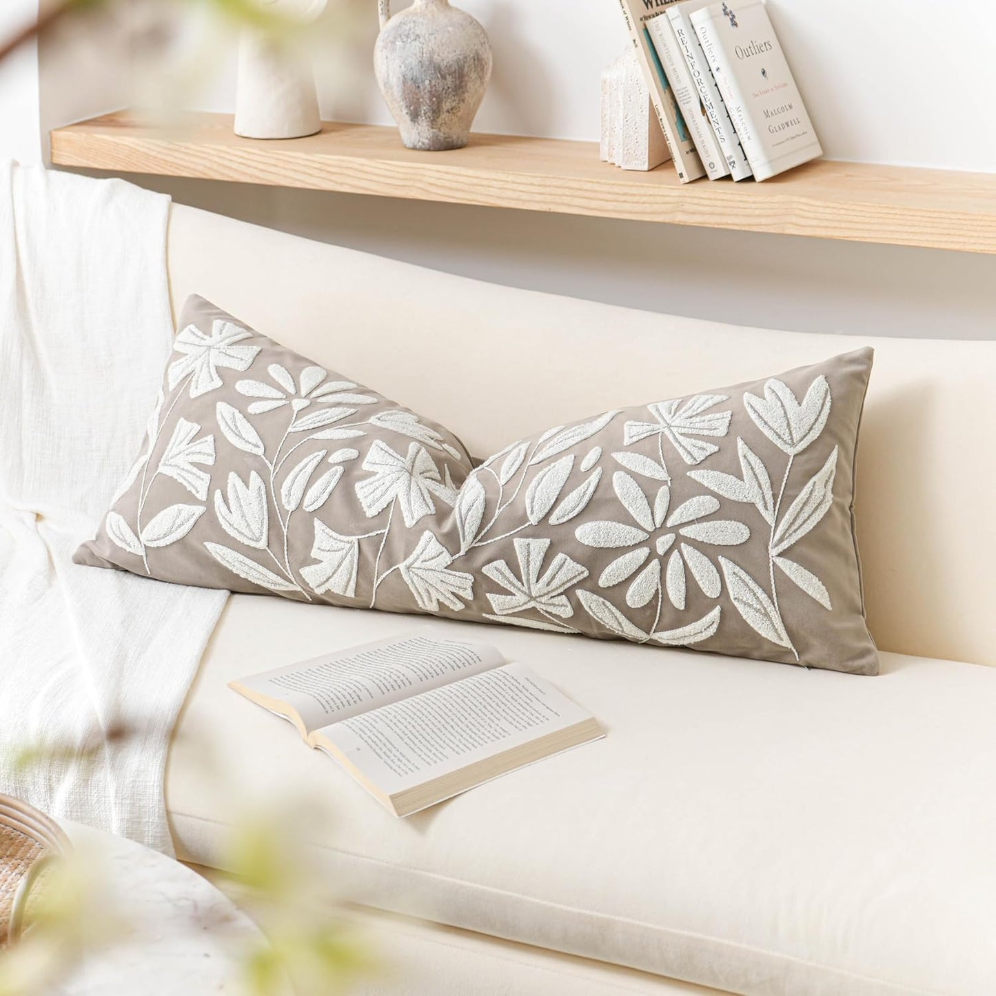 Cream Velvet Floral Decorative Lumbar Throw Pillow Cover 12X20, Flower Tufted Soft Farmhouse Textured Pillowcase, Accent Pillowcase for Couch Sofa Bed Living Room