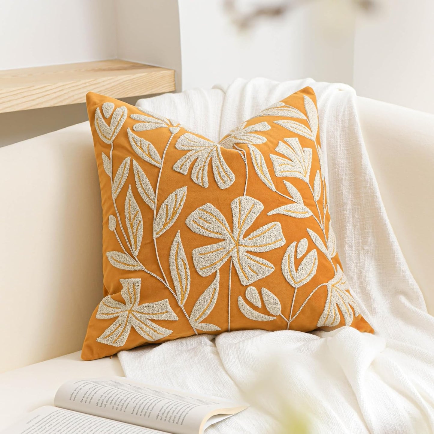 Cream Velvet Floral Decorative Lumbar Throw Pillow Cover 12X20, Flower Tufted Soft Farmhouse Textured Pillowcase, Accent Pillowcase for Couch Sofa Bed Living Room