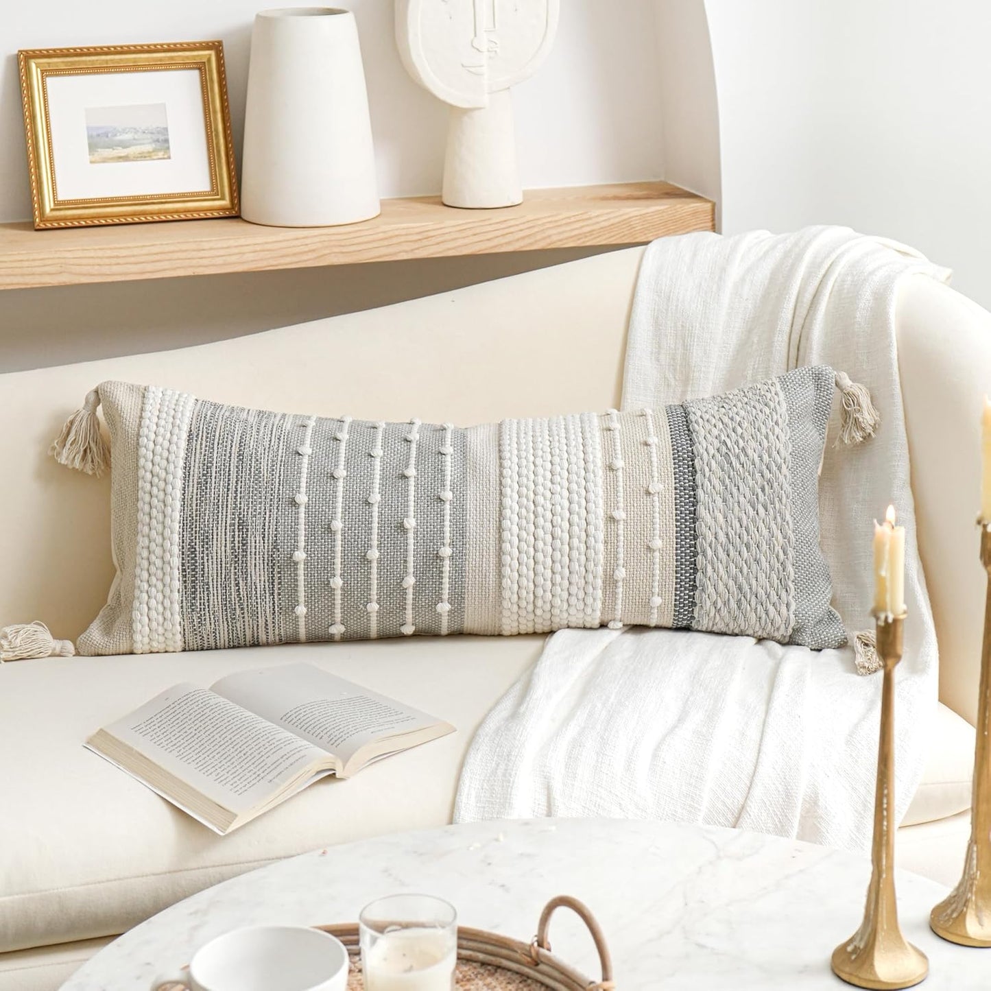 Gray Boho Lumbar Throw Pillow Cover 14x36 Grey Accent Long Body Lumbar Pillow for Bed Decorative Modern Bohemian Woven Textured Lumbar Pillow for Bed Cover ONLY