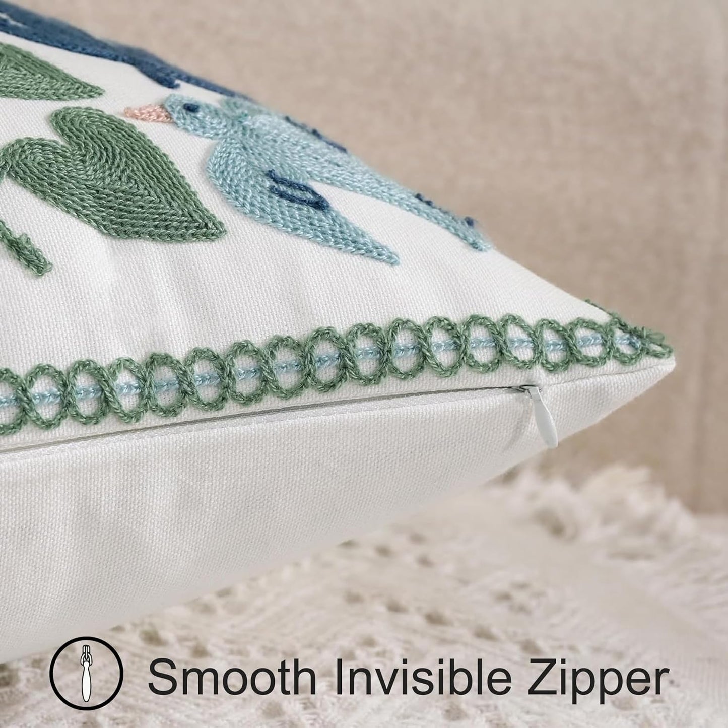 Tosleo Flower Embroidered Throw Pillow Covers 18x18 inch Pack of 2 Green Leaves with Birds Floral Pillowcases Farmhouse Decorative Coastal Pillow Cushion Cases Square Navy Blue Flower Pillow Case