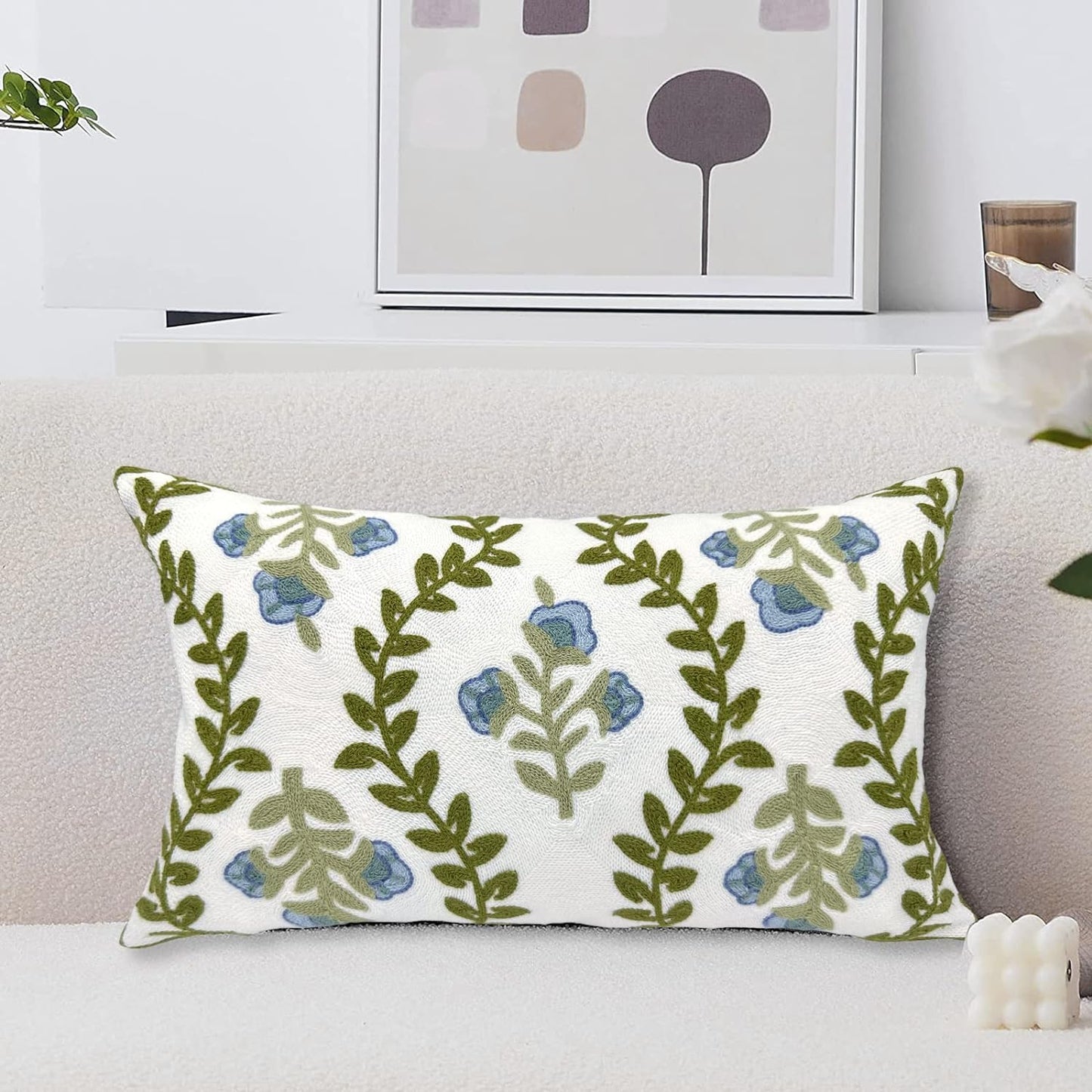 Alysheer Summer Floral Embroidered Decorative Throw Pillow Covers 18"x 18" Set of 2, Farmhouse Navy Blue Flowers Green Leaves Tufted Patterned Cotton Cushion Cases for Couch Bed Living Room Decor