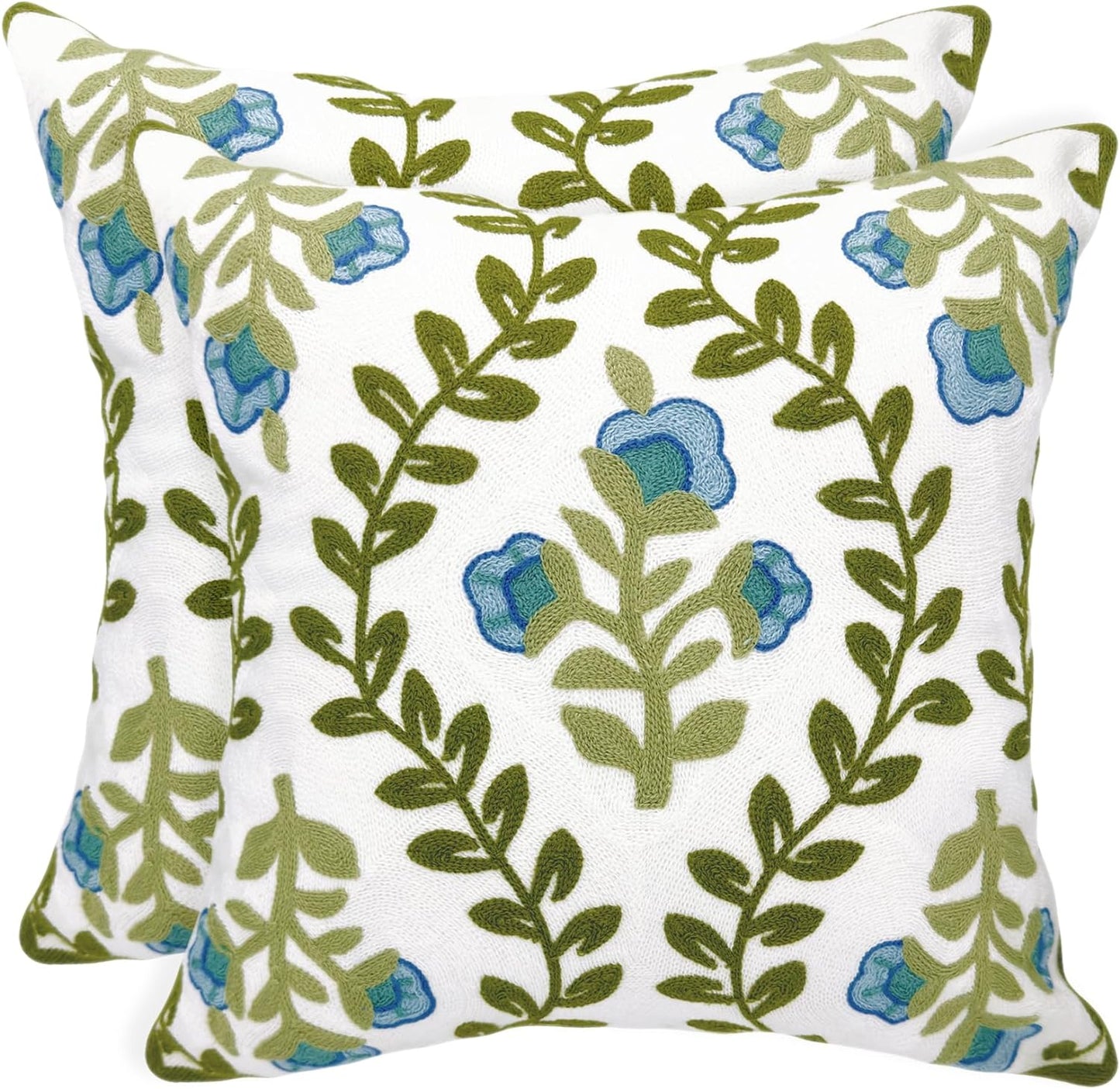 Alysheer Summer Floral Embroidered Decorative Throw Pillow Covers 18"x 18" Set of 2, Farmhouse Navy Blue Flowers Green Leaves Tufted Patterned Cotton Cushion Cases for Couch Bed Living Room Decor
