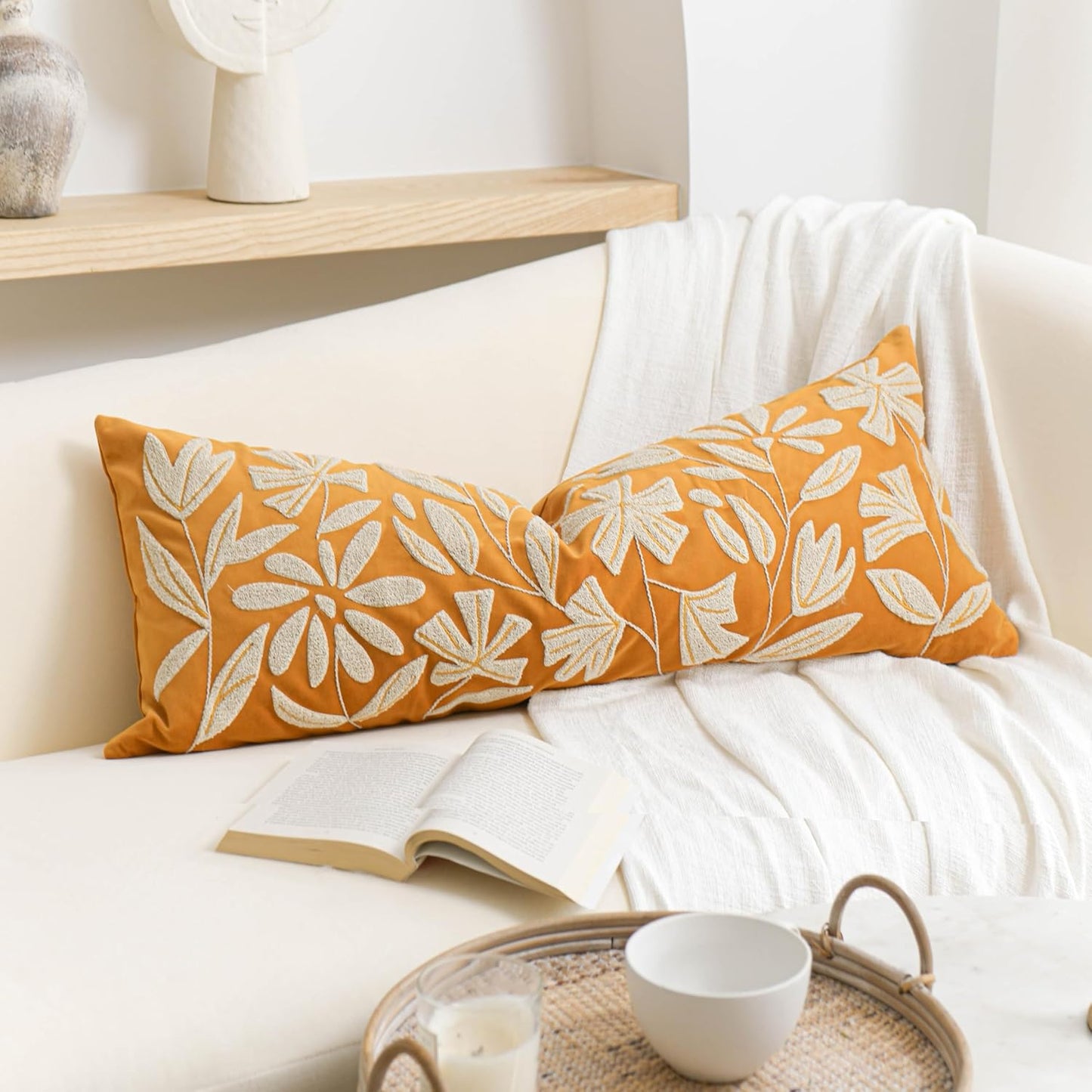 Cream Velvet Floral Decorative Lumbar Throw Pillow Cover 12X20, Flower Tufted Soft Farmhouse Textured Pillowcase, Accent Pillowcase for Couch Sofa Bed Living Room