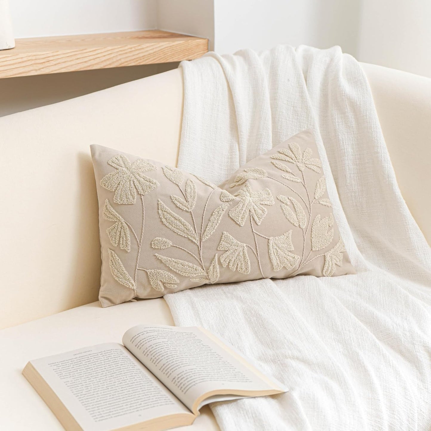 Cream Velvet Floral Decorative Lumbar Throw Pillow Cover 12X20, Flower Tufted Soft Farmhouse Textured Pillowcase, Accent Pillowcase for Couch Sofa Bed Living Room