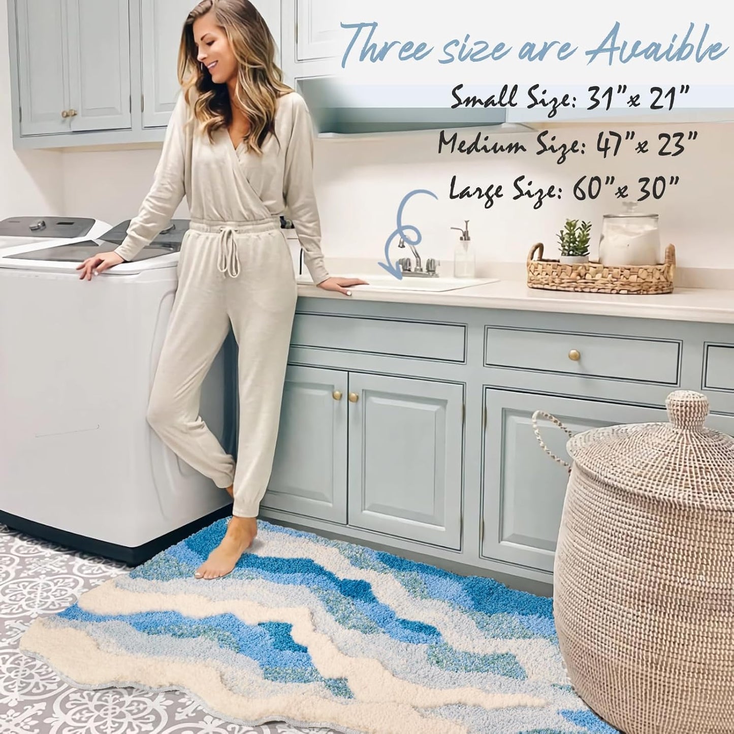 Large Ocean Sea Wave Rug 60"x30", Beach Themed Room Decor Aesthetic, Beachy Decor for Bedroom Nursery Kitchen, Washable Blue Area Rug for Summer Room, Nautical Coastal Room Decor