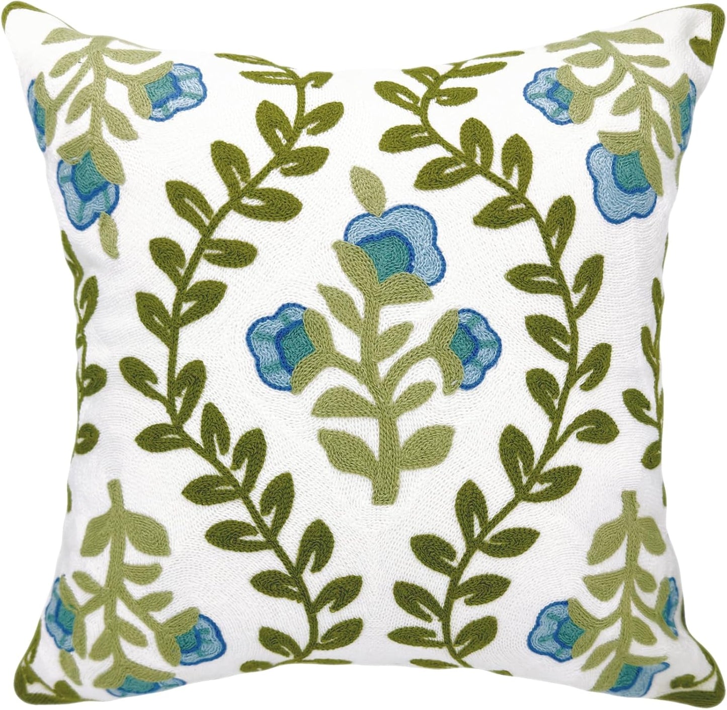 Alysheer Summer Floral Embroidered Decorative Throw Pillow Covers 18"x 18" Set of 2, Farmhouse Navy Blue Flowers Green Leaves Tufted Patterned Cotton Cushion Cases for Couch Bed Living Room Decor
