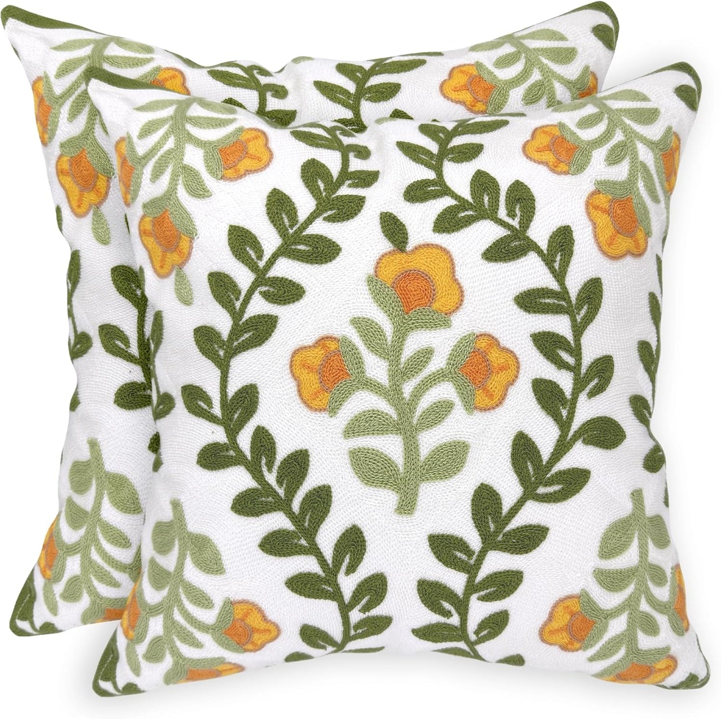 Alysheer Summer Floral Embroidered Decorative Throw Pillow Covers 18"x 18" Set of 2, Farmhouse Navy Blue Flowers Green Leaves Tufted Patterned Cotton Cushion Cases for Couch Bed Living Room Decor