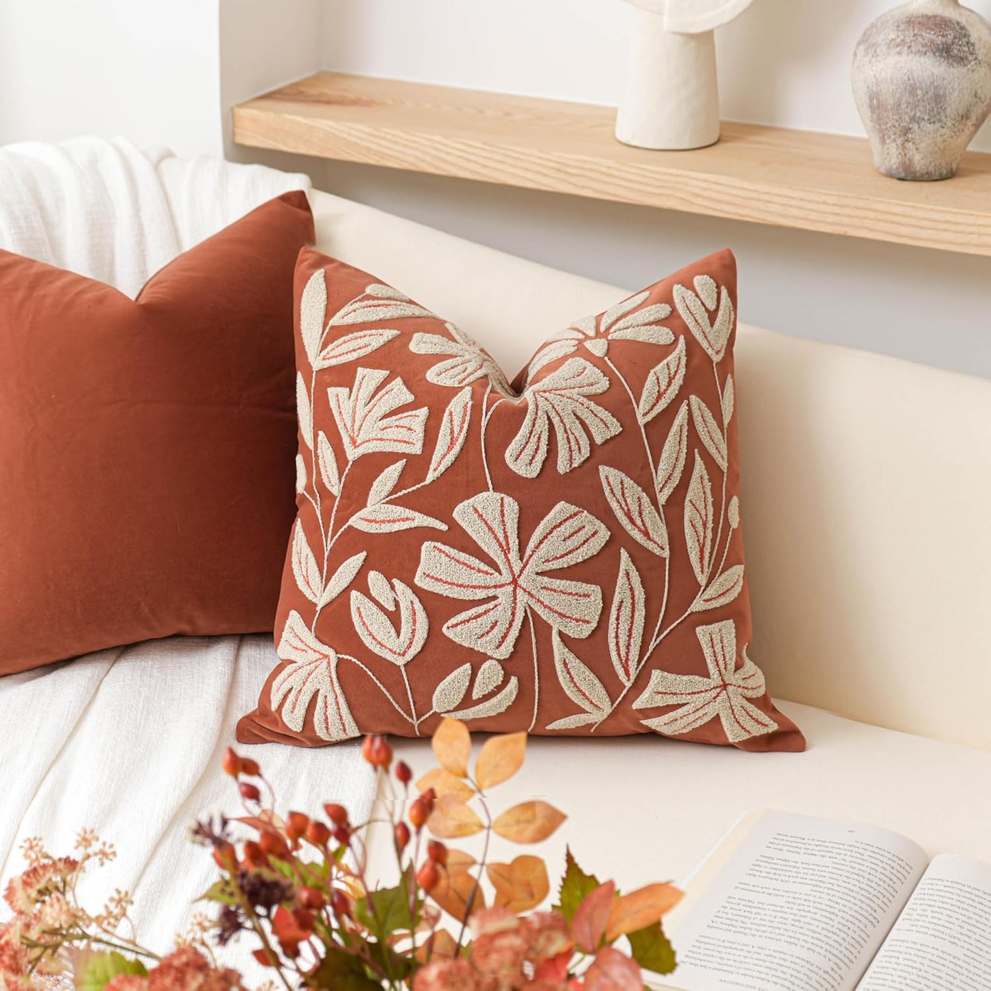 Cream Velvet Floral Decorative Lumbar Throw Pillow Cover 12X20, Flower Tufted Soft Farmhouse Textured Pillowcase, Accent Pillowcase for Couch Sofa Bed Living Room