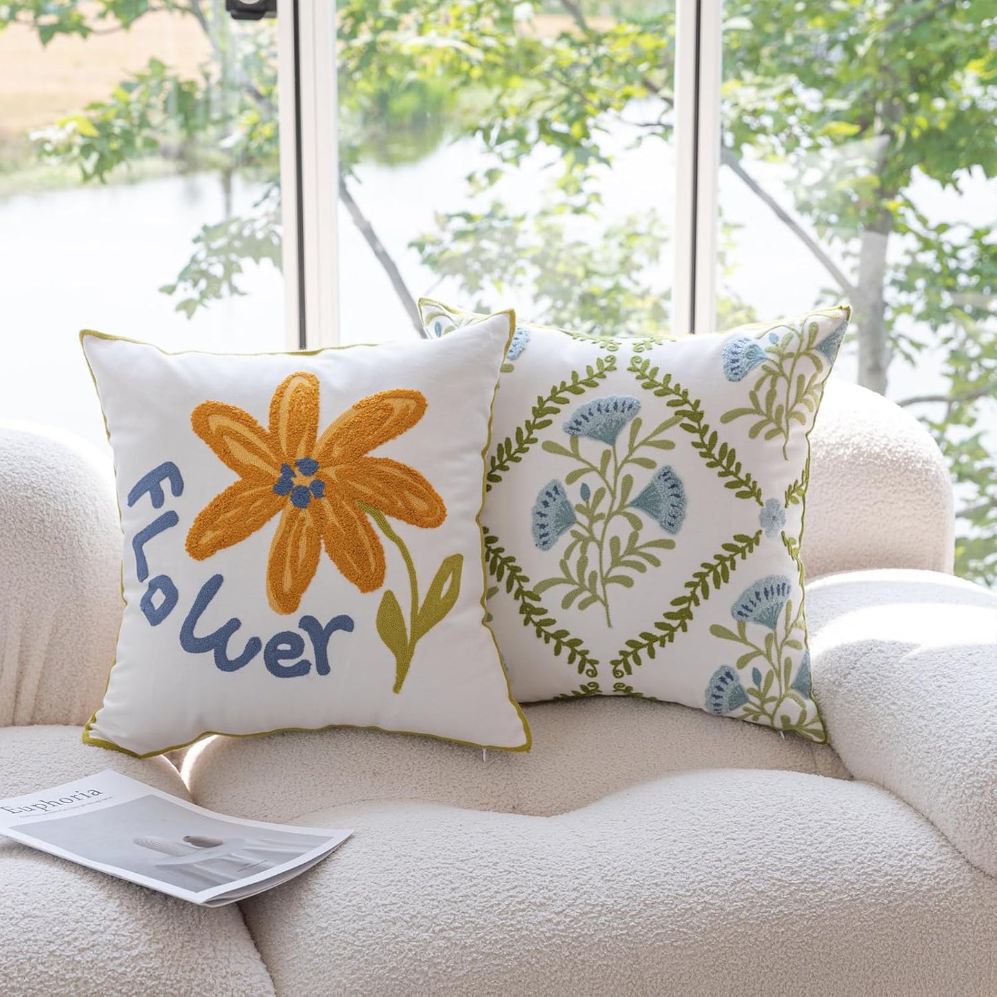 YIcabinet Pillow Covers Set of 2, Embroidered Flower Pattern Throw Pillow Cover,Square Cotton Cushion,Pillow Case for Sofa Bedroom Couch,18"x18"