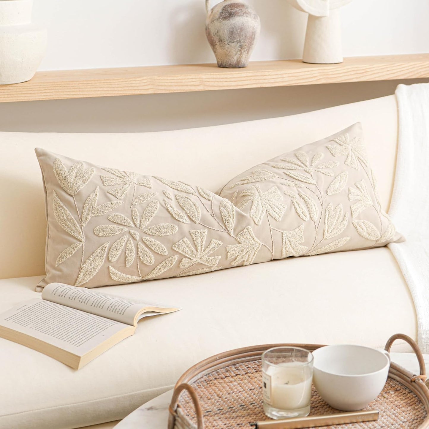 Cream Velvet Floral Decorative Lumbar Throw Pillow Cover 12X20, Flower Tufted Soft Farmhouse Textured Pillowcase, Accent Pillowcase for Couch Sofa Bed Living Room