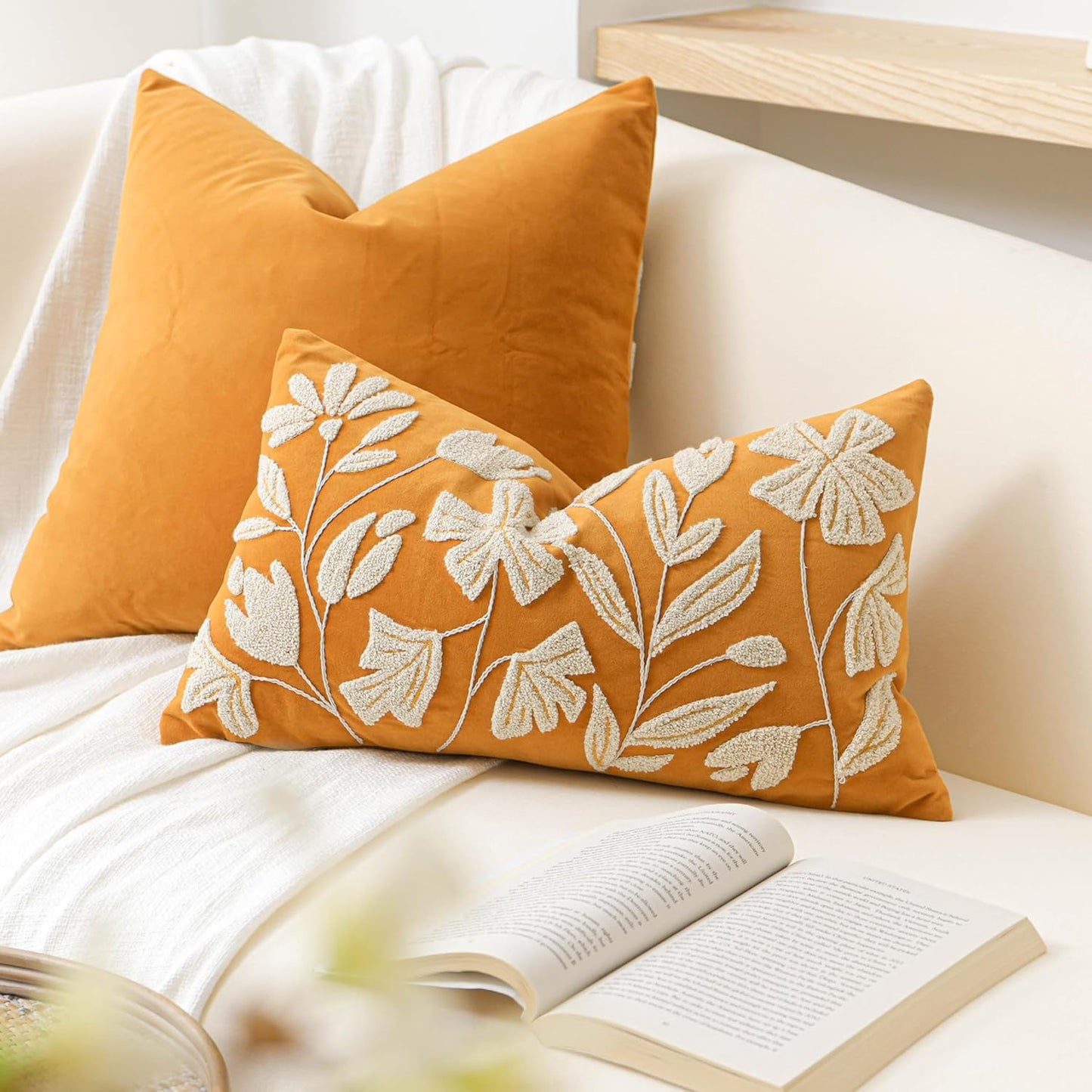Cream Velvet Floral Decorative Lumbar Throw Pillow Cover 12X20, Flower Tufted Soft Farmhouse Textured Pillowcase, Accent Pillowcase for Couch Sofa Bed Living Room