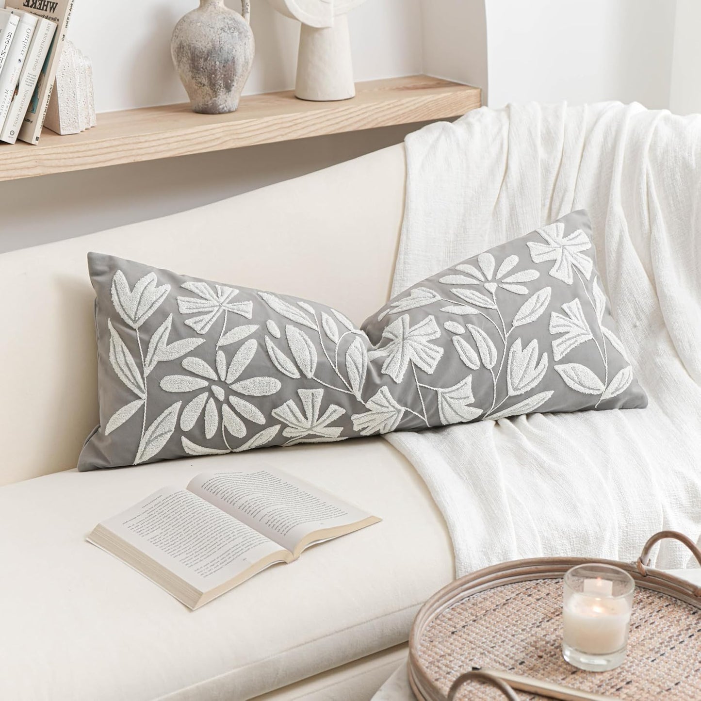 Cream Velvet Floral Decorative Lumbar Throw Pillow Cover 12X20, Flower Tufted Soft Farmhouse Textured Pillowcase, Accent Pillowcase for Couch Sofa Bed Living Room
