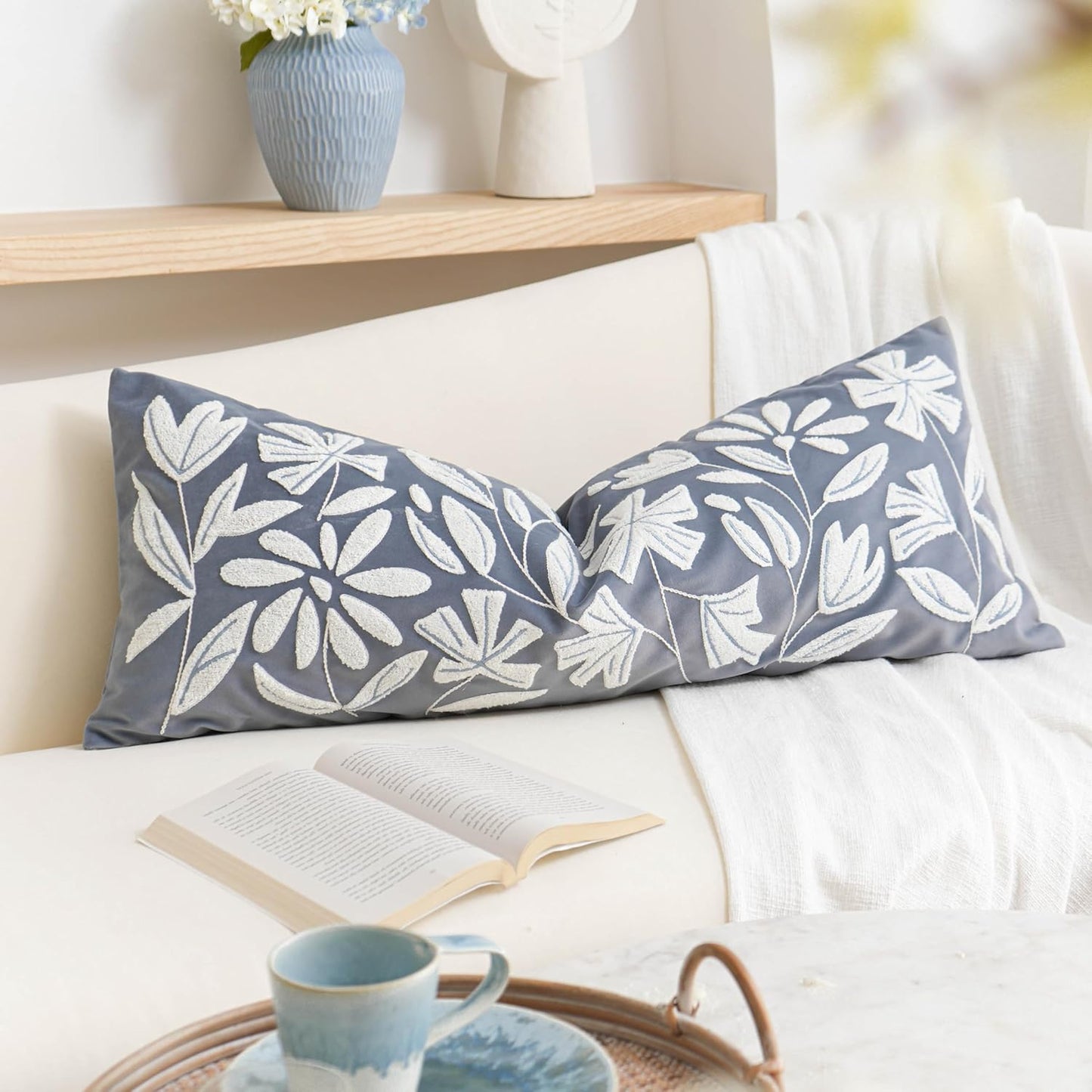 Cream Velvet Floral Decorative Lumbar Throw Pillow Cover 12X20, Flower Tufted Soft Farmhouse Textured Pillowcase, Accent Pillowcase for Couch Sofa Bed Living Room
