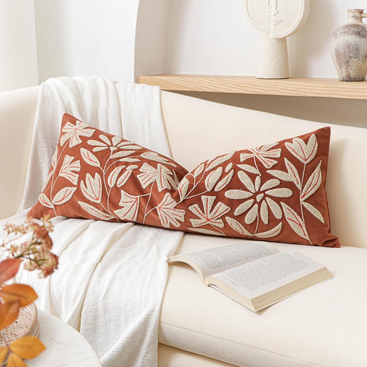 Cream Velvet Floral Decorative Lumbar Throw Pillow Cover 12X20, Flower Tufted Soft Farmhouse Textured Pillowcase, Accent Pillowcase for Couch Sofa Bed Living Room