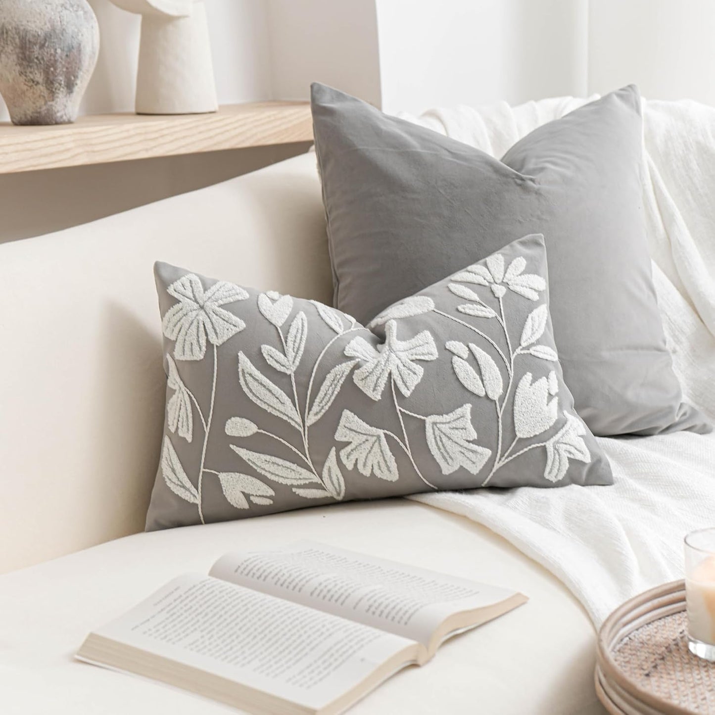 Cream Velvet Floral Decorative Lumbar Throw Pillow Cover 12X20, Flower Tufted Soft Farmhouse Textured Pillowcase, Accent Pillowcase for Couch Sofa Bed Living Room