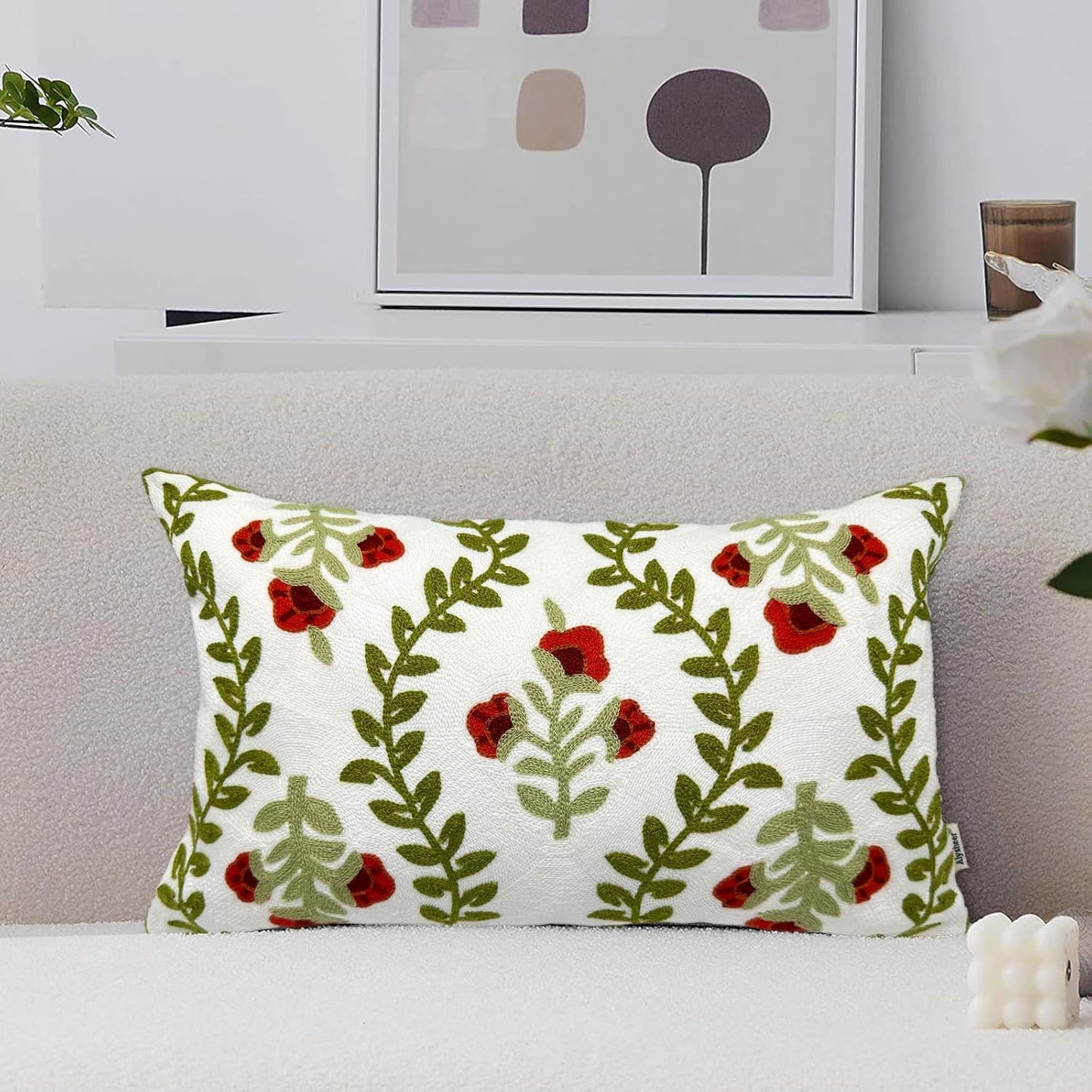 Alysheer Summer Floral Embroidered Decorative Throw Pillow Covers 18"x 18" Set of 2, Farmhouse Navy Blue Flowers Green Leaves Tufted Patterned Cotton Cushion Cases for Couch Bed Living Room Decor