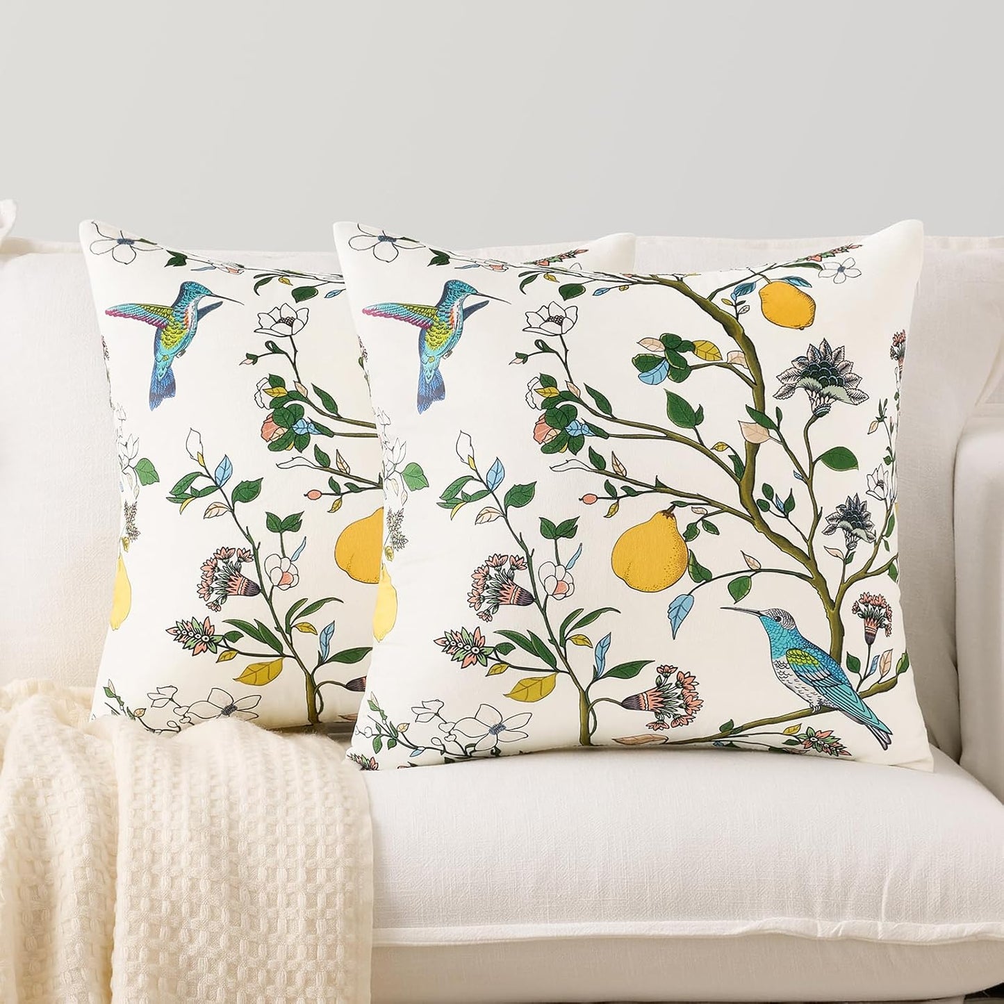 MUSSEL Mustard Yellow Floral Pillow Covers 18x18 Set of 2, Velvet Wild Flower Plant Throw Pillows Case, Square Farmhouse Decor Cushion Covers for Home Sofa Bed Couch