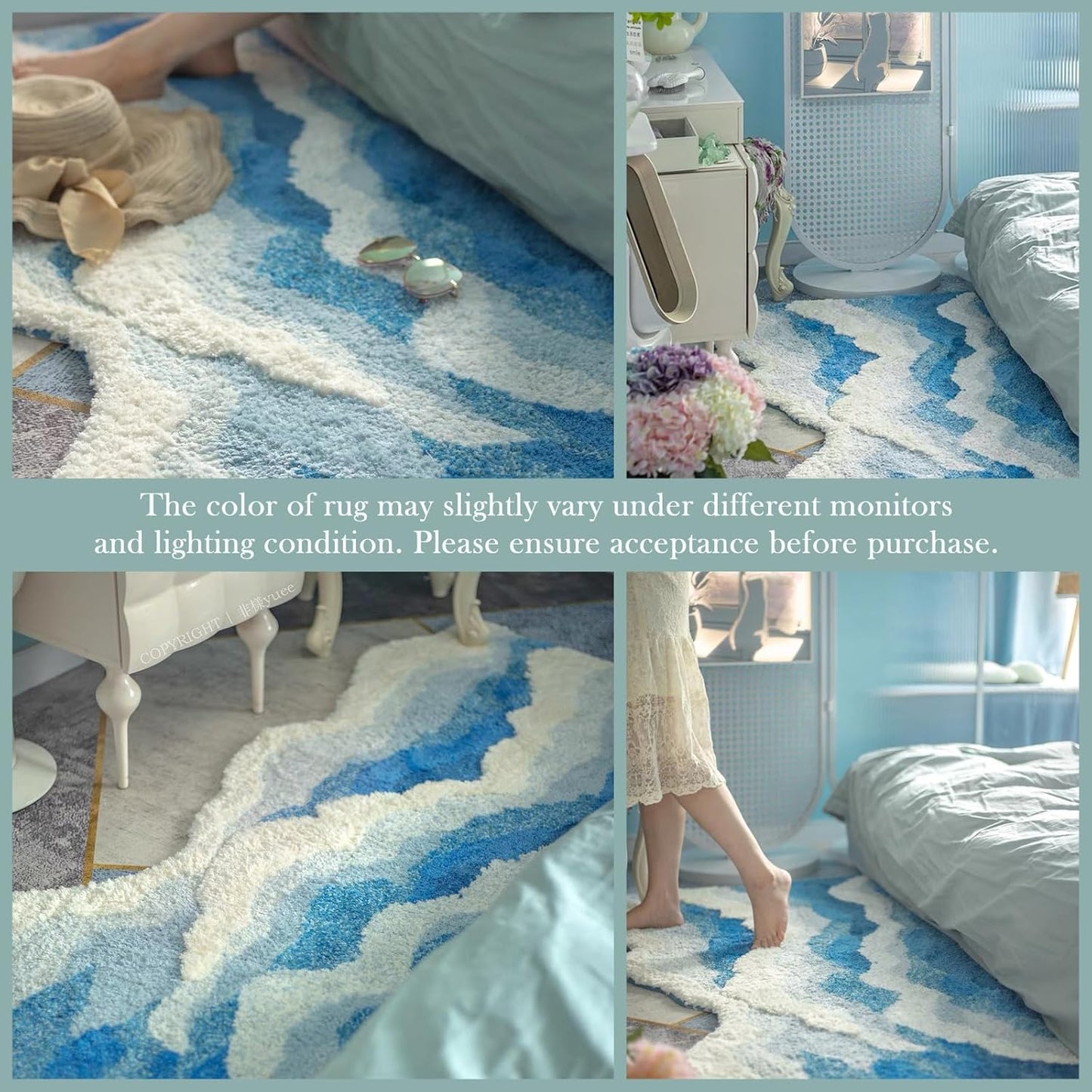 Large Ocean Sea Wave Rug 60"x30", Beach Themed Room Decor Aesthetic, Beachy Decor for Bedroom Nursery Kitchen, Washable Blue Area Rug for Summer Room, Nautical Coastal Room Decor