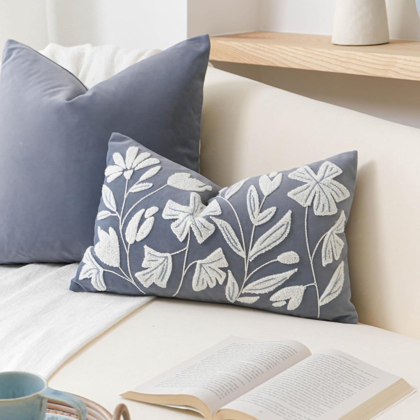 Cream Velvet Floral Decorative Lumbar Throw Pillow Cover 12X20, Flower Tufted Soft Farmhouse Textured Pillowcase, Accent Pillowcase for Couch Sofa Bed Living Room