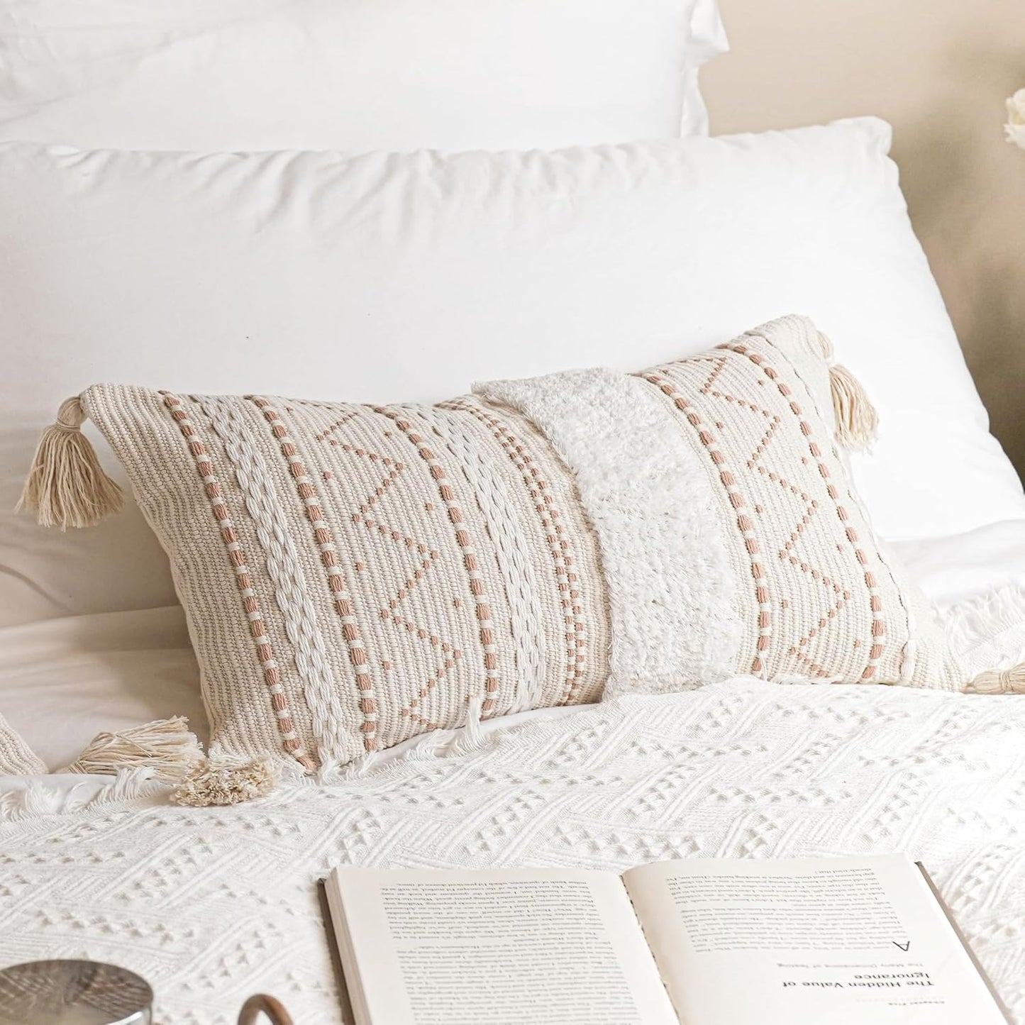 Decorative Throw Pillow Cover 20x20 Square Cream Neutral White Boho Accent Pillowcase Tassels Farmhouse Cushion for Couch Sofa Bedroom Living Room Home Décor (Cover ONLY, Pack of 1)