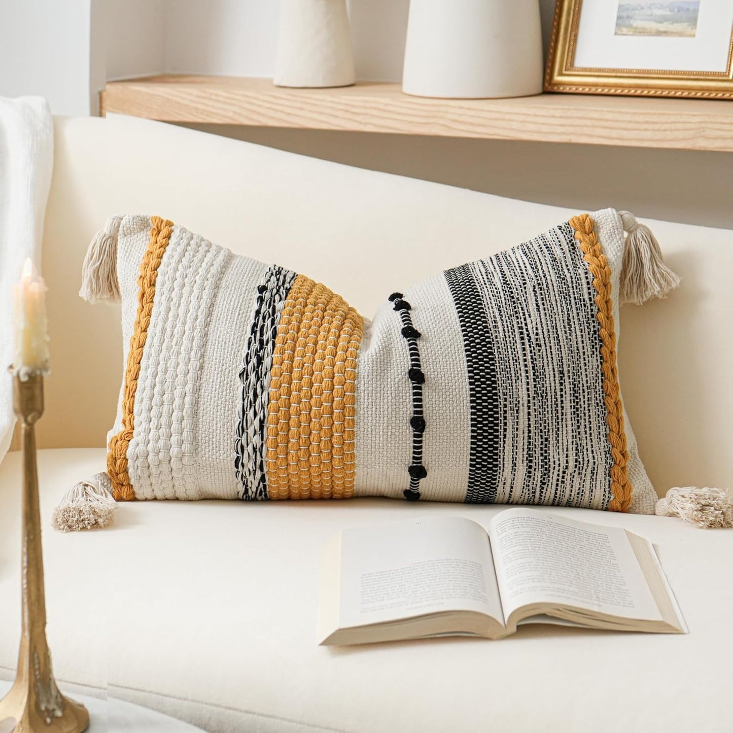 Gray Boho Lumbar Throw Pillow Cover 14x36 Grey Accent Long Body Lumbar Pillow for Bed Decorative Modern Bohemian Woven Textured Lumbar Pillow for Bed Cover ONLY