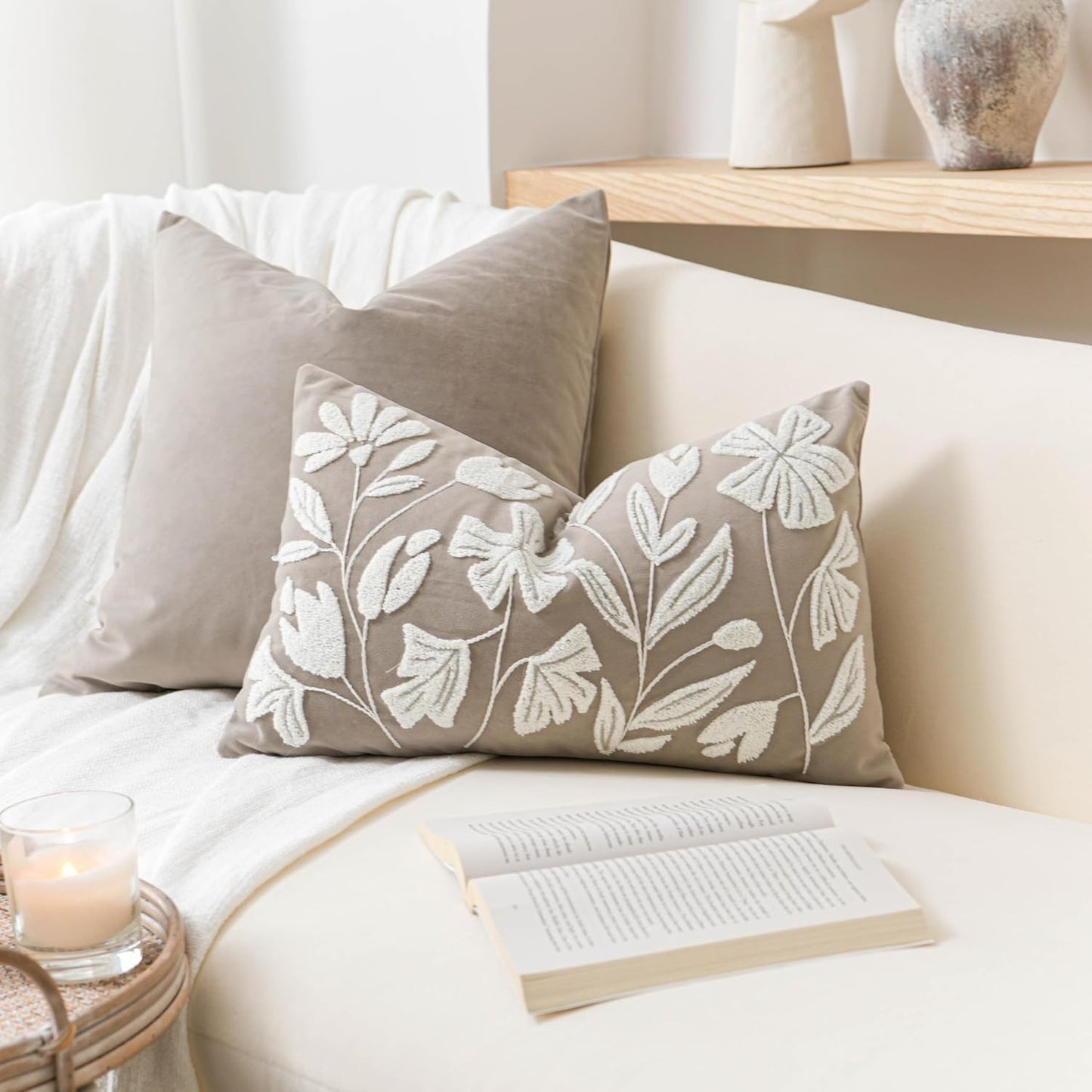 Cream Velvet Floral Decorative Lumbar Throw Pillow Cover 12X20, Flower Tufted Soft Farmhouse Textured Pillowcase, Accent Pillowcase for Couch Sofa Bed Living Room