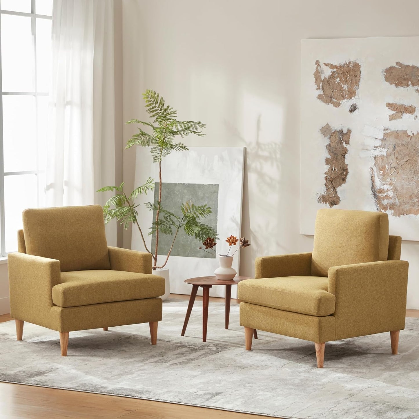 VKNOW Mid-Century Accent Chair, Modern Upholstered Chenille Armchair for Living Room,Comfy Reading Accent Chairs with Wood Legs for Bedroom, Beige