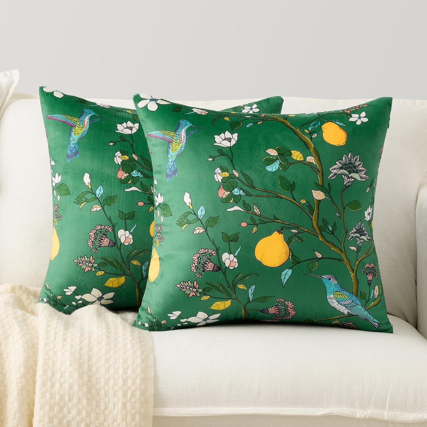 MUSSEL Mustard Yellow Floral Pillow Covers 18x18 Set of 2, Velvet Wild Flower Plant Throw Pillows Case, Square Farmhouse Decor Cushion Covers for Home Sofa Bed Couch