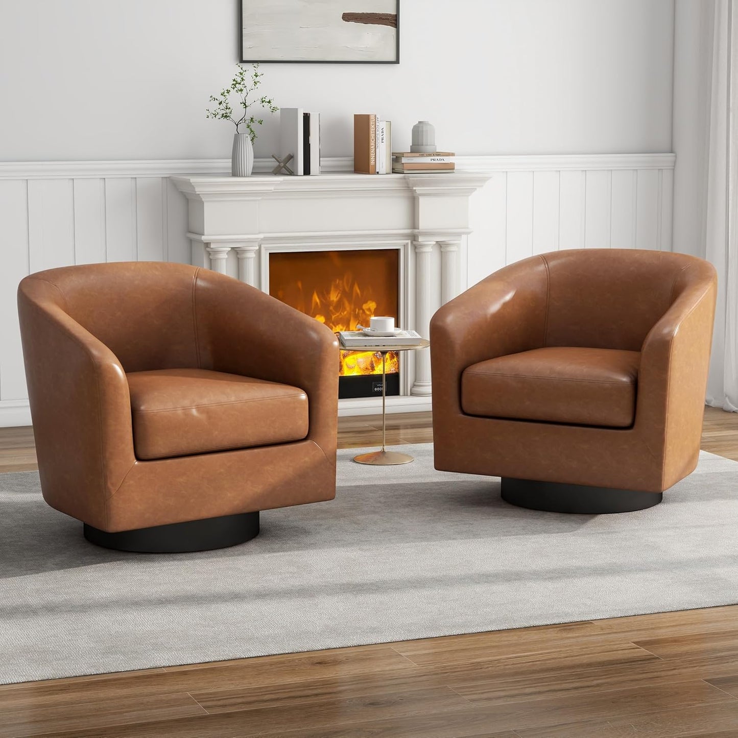 UIXE Swivel Accent Chairs Set of 2, Corduroy Barrel Club Chair Upholstered Armchair for Living Room, Round Arm Chair Bedroom Single Sofa Reading Seat - Camel