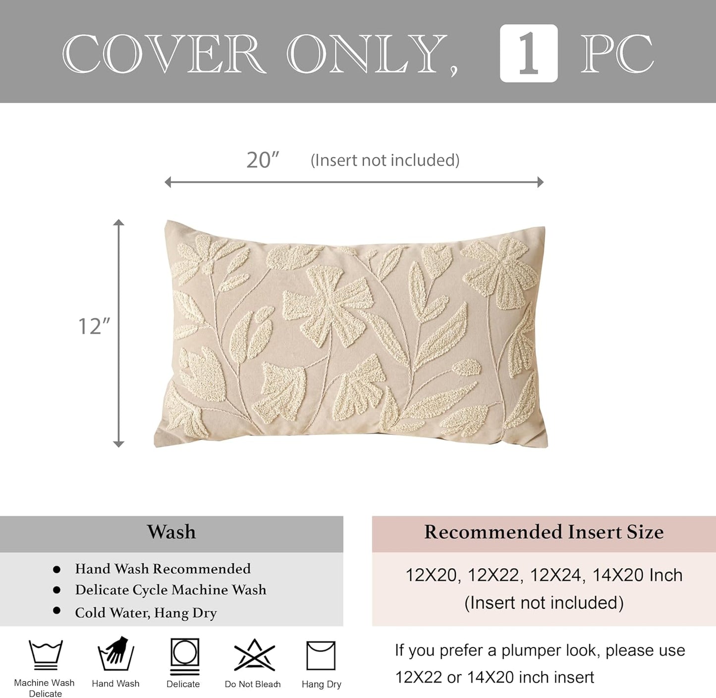 Cream Velvet Floral Decorative Lumbar Throw Pillow Cover 12X20, Flower Tufted Soft Farmhouse Textured Pillowcase, Accent Pillowcase for Couch Sofa Bed Living Room