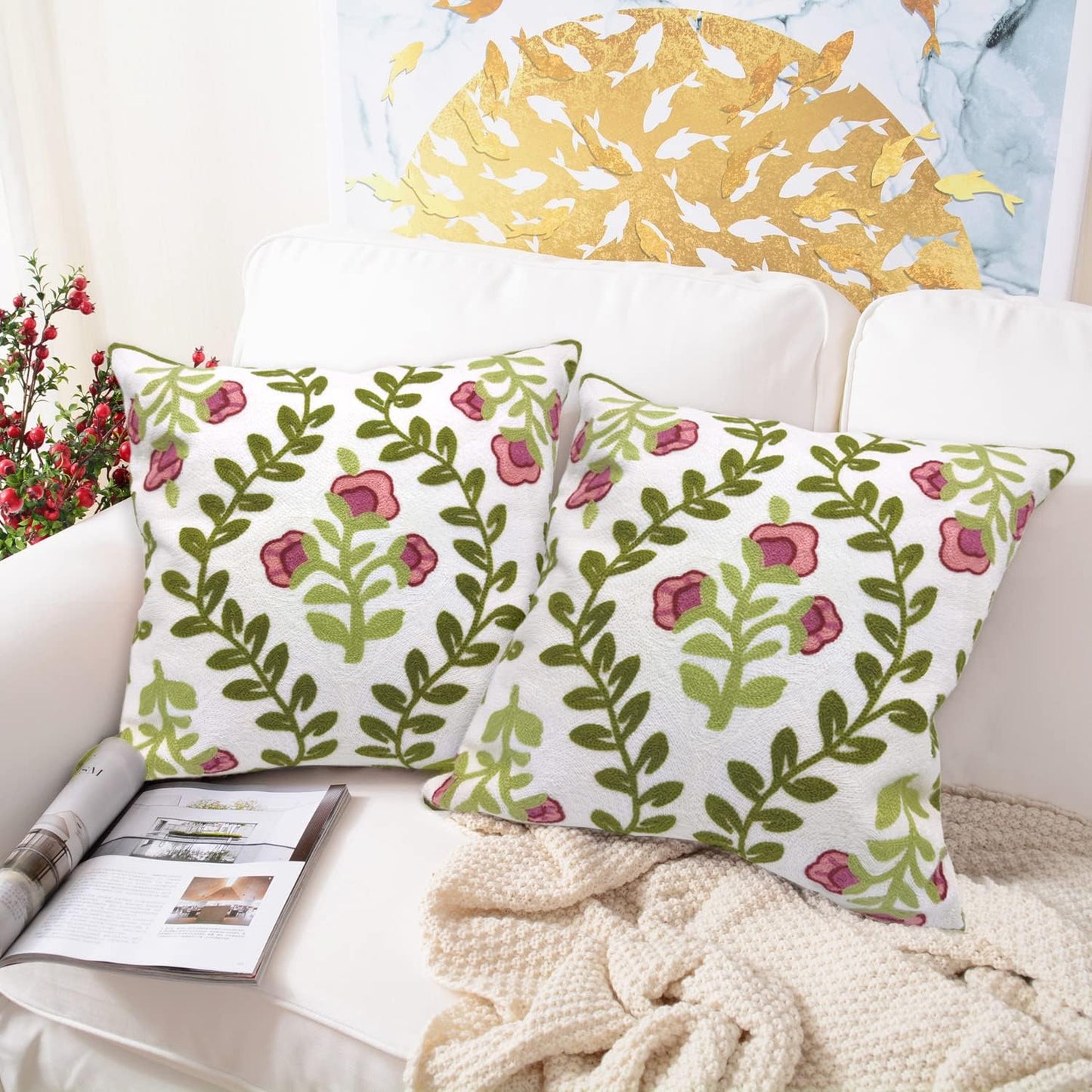 Alysheer Summer Floral Embroidered Decorative Throw Pillow Covers 18"x 18" Set of 2, Farmhouse Navy Blue Flowers Green Leaves Tufted Patterned Cotton Cushion Cases for Couch Bed Living Room Decor
