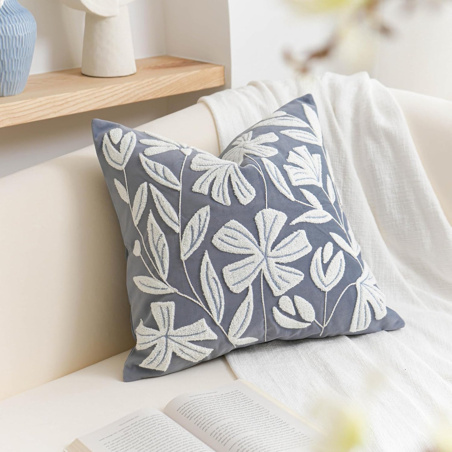 Cream Velvet Floral Decorative Lumbar Throw Pillow Cover 12X20, Flower Tufted Soft Farmhouse Textured Pillowcase, Accent Pillowcase for Couch Sofa Bed Living Room