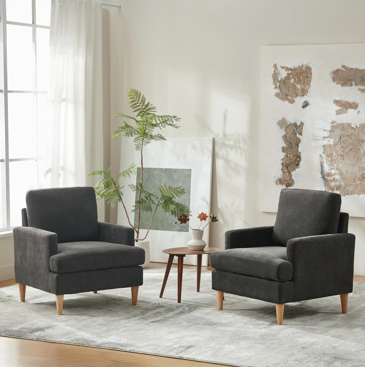 VKNOW Mid-Century Accent Chair, Modern Upholstered Chenille Armchair for Living Room,Comfy Reading Accent Chairs with Wood Legs for Bedroom, Beige
