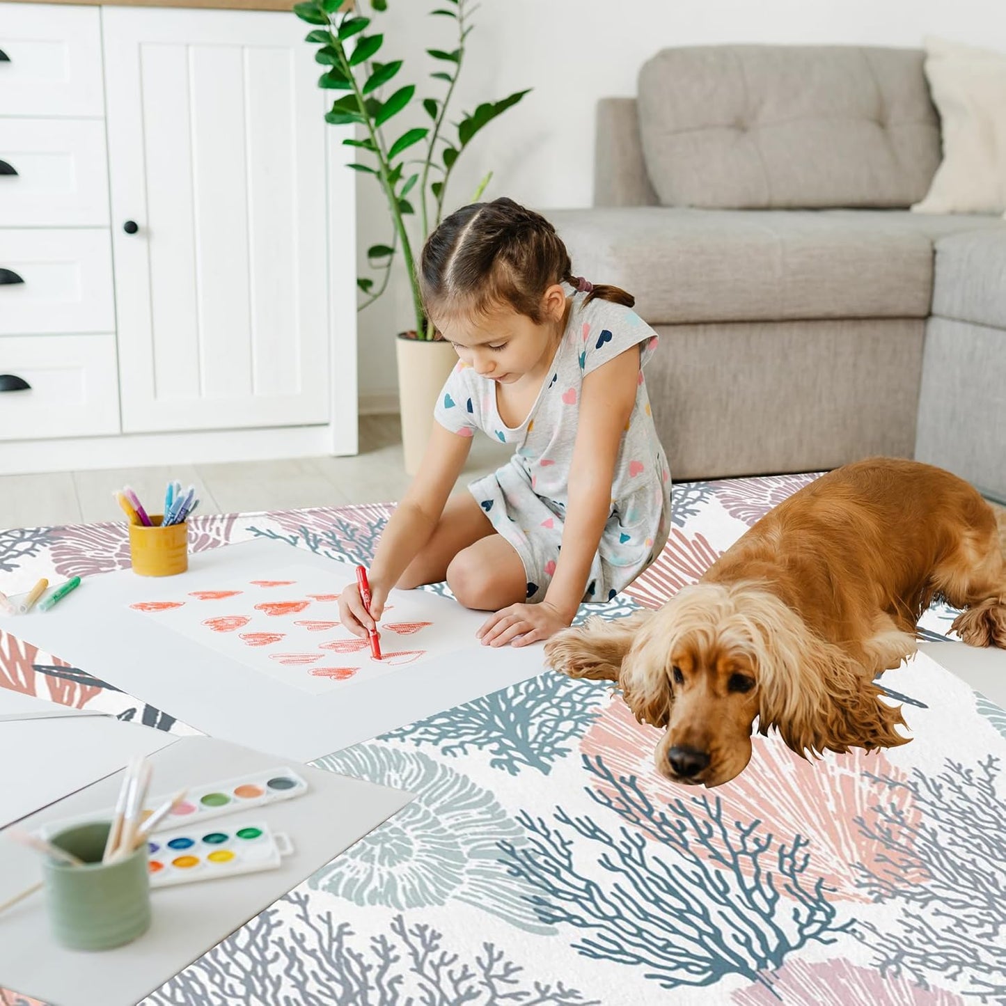 Corals Coastal Rug for Living Room 5x7 Area Rug Washable Non-Slip Rugs for Bedroom Cute Soft Kids Nursery Rug, Nautical Beach Themed Capet for Entryway Office Dining Room