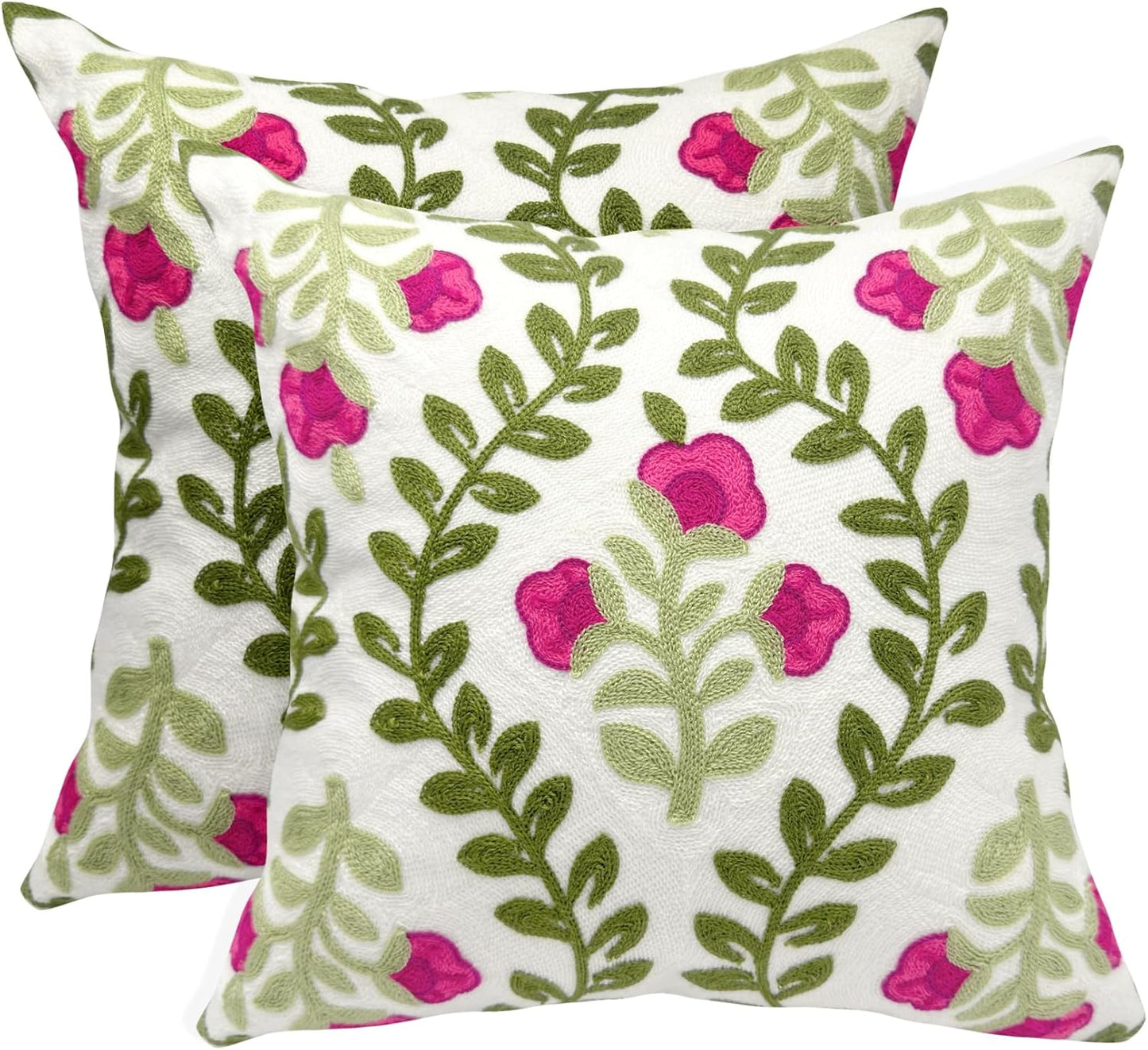 Alysheer Summer Floral Embroidered Decorative Throw Pillow Covers 18"x 18" Set of 2, Farmhouse Navy Blue Flowers Green Leaves Tufted Patterned Cotton Cushion Cases for Couch Bed Living Room Decor