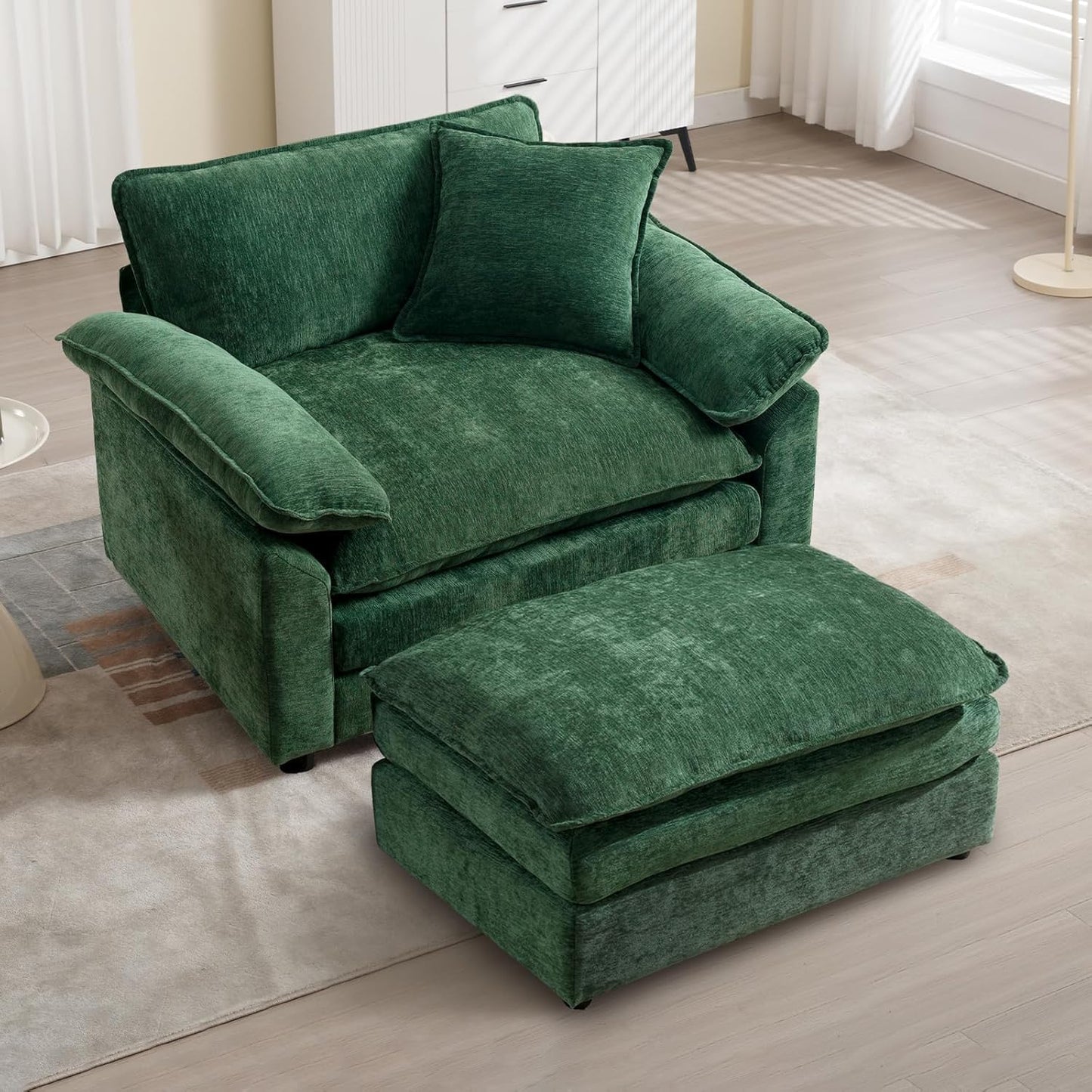 Chenille Oversized Accent Chair with Ottoman, Comfy Single Sofa Chair Armchair with Large Seat and Extra Wide Armrests, Modern Reading Chairs for Bedroom, Living Room,Beige