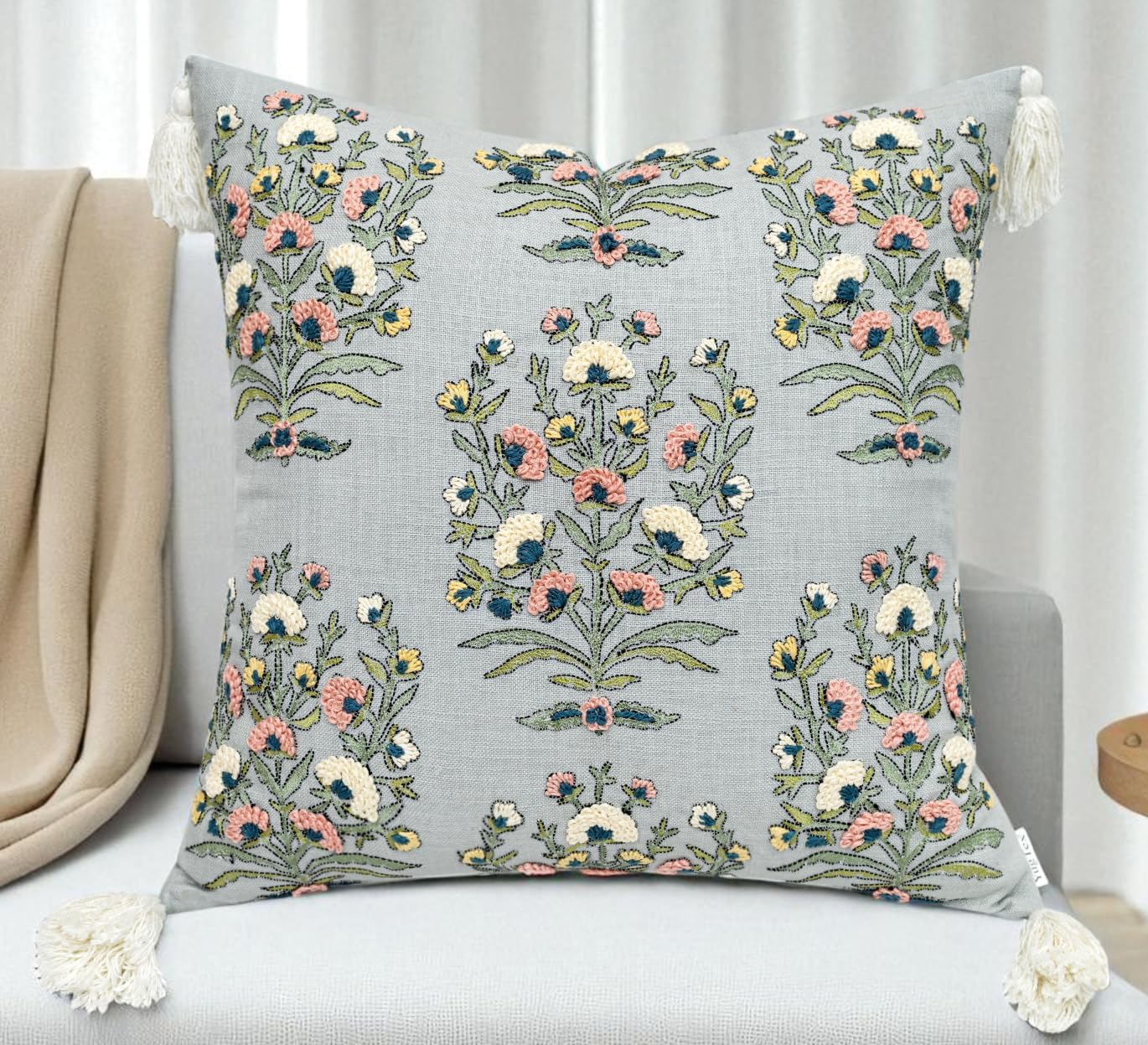Hand Embroidered Gomet Flower Decorative Square Accent Throw Pillow Cover - Pillowcase for Living Room Sofa, Couch, Bedroom - Chair Cushion Cover - 20x20, Ivory