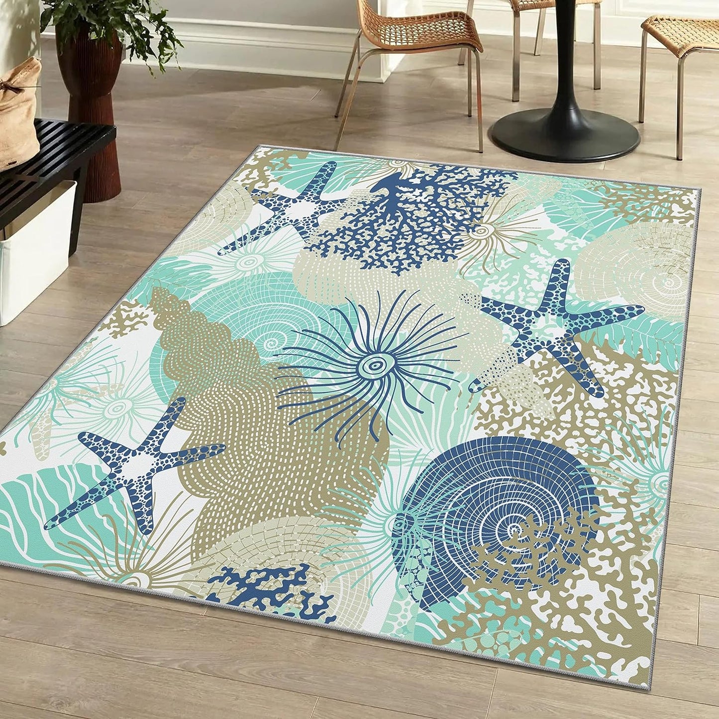 Tritard Coastal Area Rugs Nautical Beach Themed Non-Slip Machine Washable Rugs Modern Floor Carpet for Living Room Bedroom, 4x6, Blue