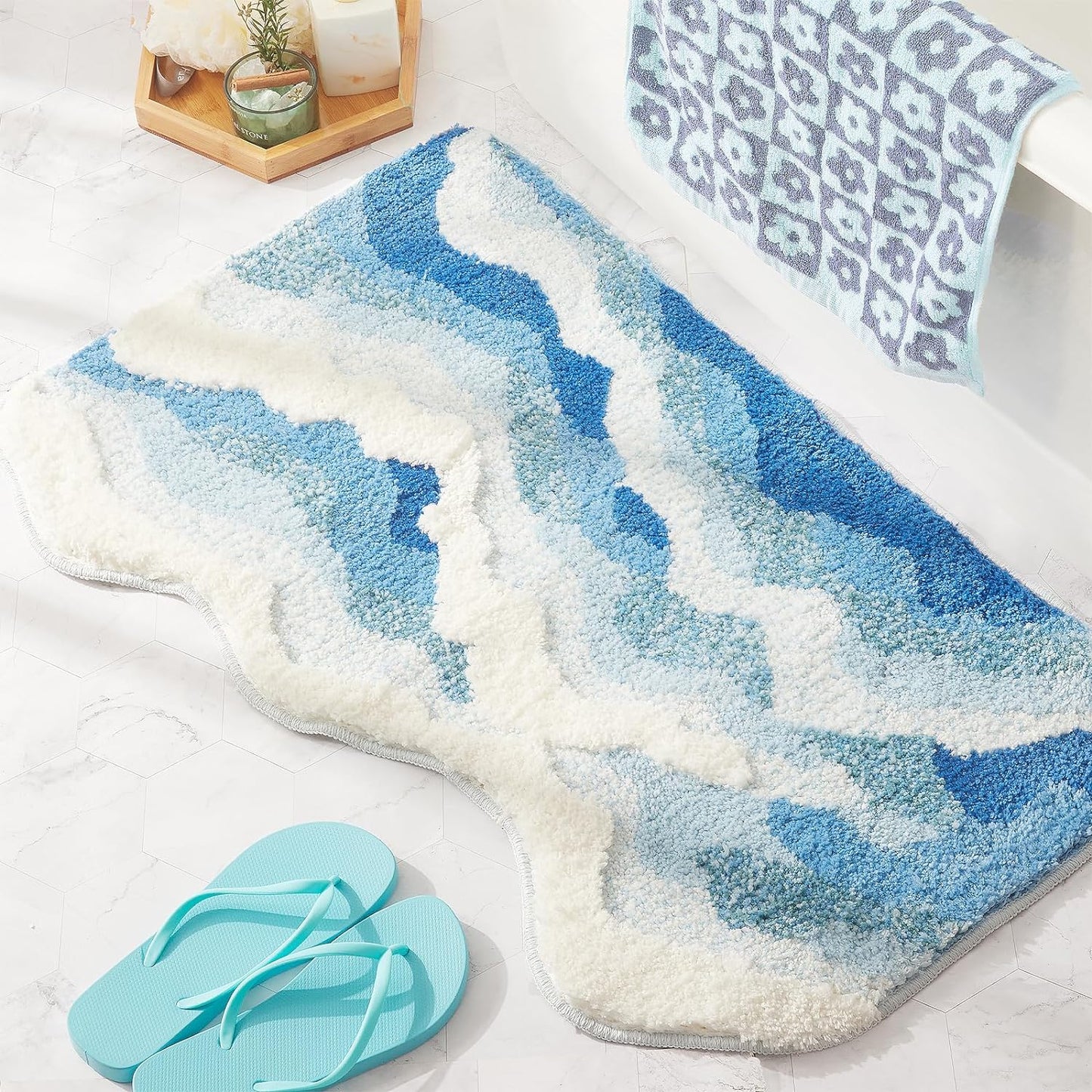 Large Ocean Sea Wave Rug 60"x30", Beach Themed Room Decor Aesthetic, Beachy Decor for Bedroom Nursery Kitchen, Washable Blue Area Rug for Summer Room, Nautical Coastal Room Decor