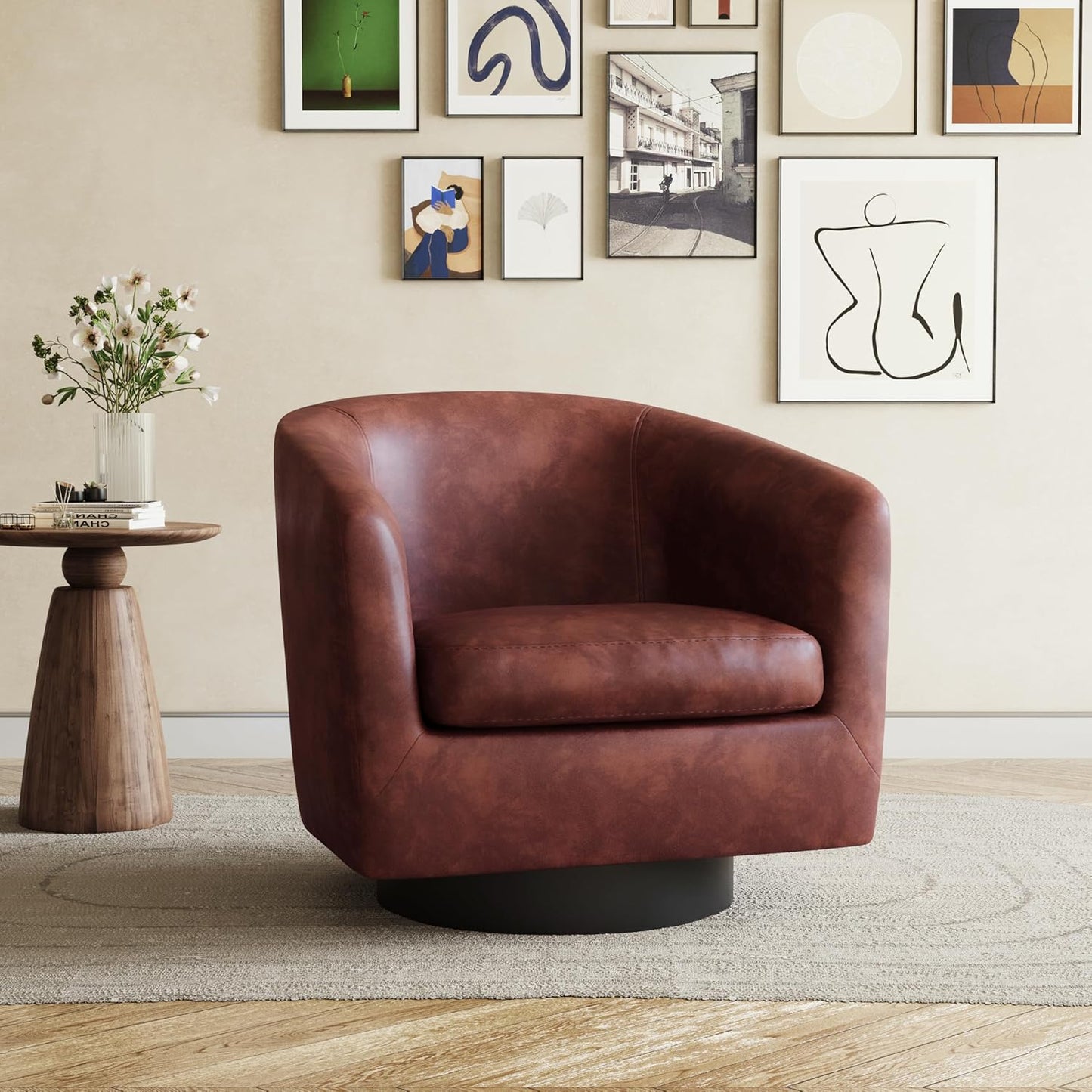 UIXE Swivel Accent Chairs Set of 2, Corduroy Barrel Club Chair Upholstered Armchair for Living Room, Round Arm Chair Bedroom Single Sofa Reading Seat - Camel