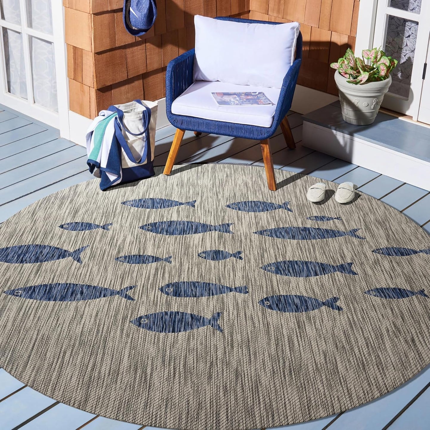 LR Home 5x7 Indoor/Outdoor Area Rug for Home Decor | Coastal Reef Carpet for Living Room, Bedroom, Playroom, Patio, Garden | Modern Farmhouse Rug | Blue/Gray