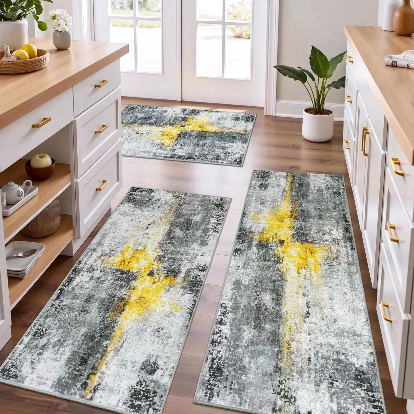Tritard 100% Non Slip Kitchen Rugs Sets of 3 Washable Kitchen Mats for Floor Abstract Kitchen Runner Rug Soft Thick Floor Mat Set Kitchen Carpet Rugs for Hallway, Laundry, Entryway, Office, Grey